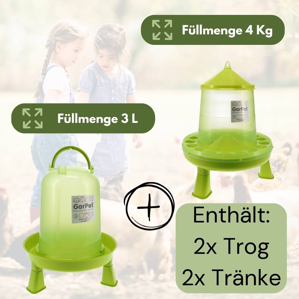 4 Stück Hühnertränke mit Füßen + Futterautomat Hühner Set Geflügeltränke Hühnerfutter Automat Futtertrog Stülptränke Futterspender Hühner