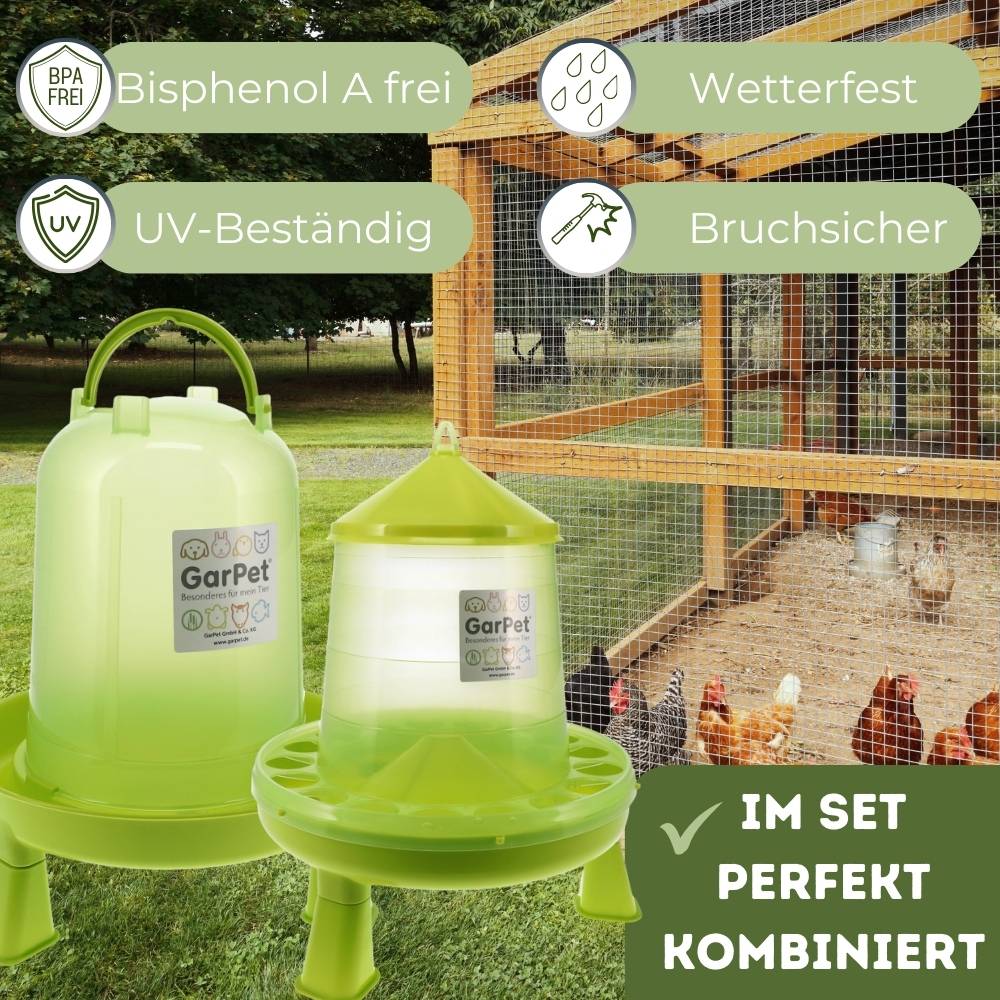 4 Stück Hühnertränke mit Füßen + Futterautomat Hühner Set Geflügeltränke Hühnerfutter Automat Futtertrog Stülptränke Futterspender Hühner