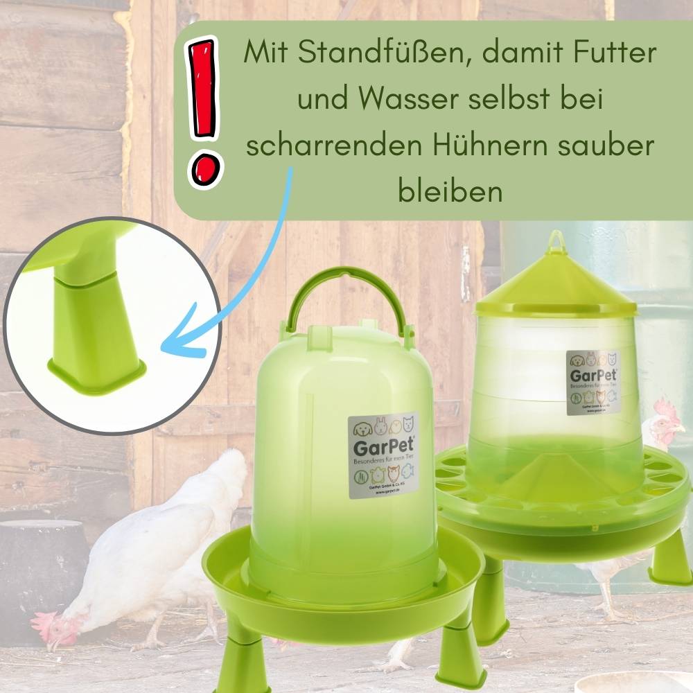 4 Stück Hühnertränke mit Füßen + Futterautomat Hühner Set Geflügeltränke Hühnerfutter Automat Futtertrog Stülptränke Futterspender Hühner