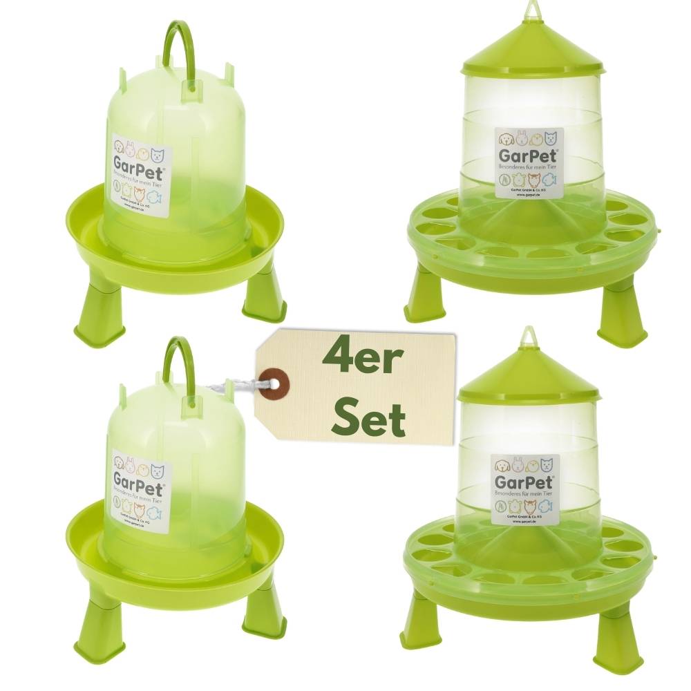 4 Stück Hühnertränke mit Füßen + Futterautomat Hühner Set Geflügeltränke Hühnerfutter Automat Futtertrog Stülptränke Futterspender Hühner