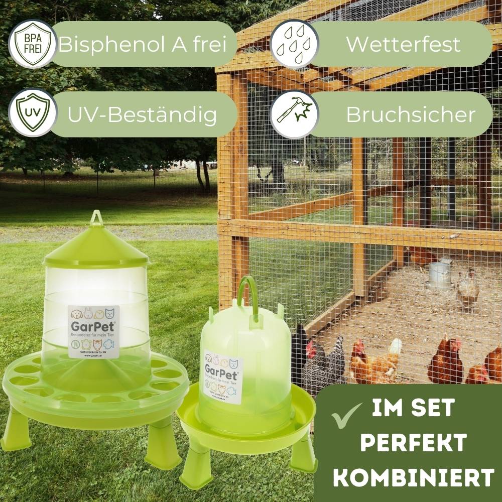 4 Stück Hühnertränke mit Füßen + Futterautomat Hühner Set Geflügeltränke Hühnerfutter Automat Futtertrog Stülptränke Futterspender Hühner