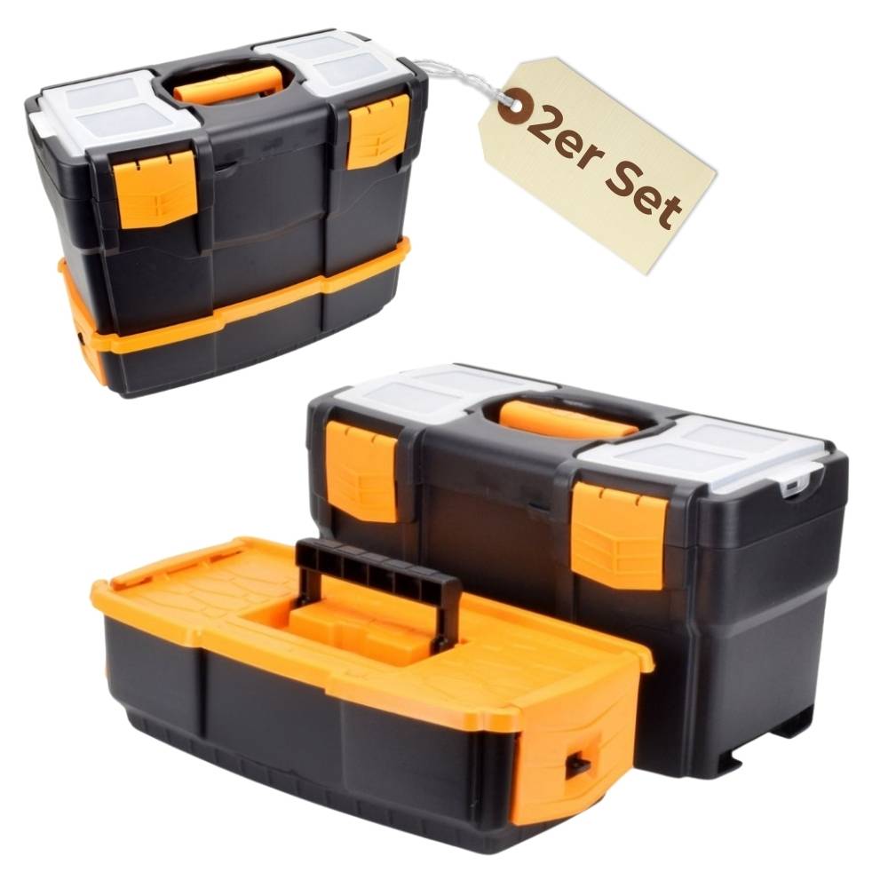 2x Werkzeugkoffer leer Doppelfach 2in1 Werkzeugkasten Groß Werkzeugkiste Werkzeugkästen Kunststoff Angel Box Kiste Haushalt Tool Box Set