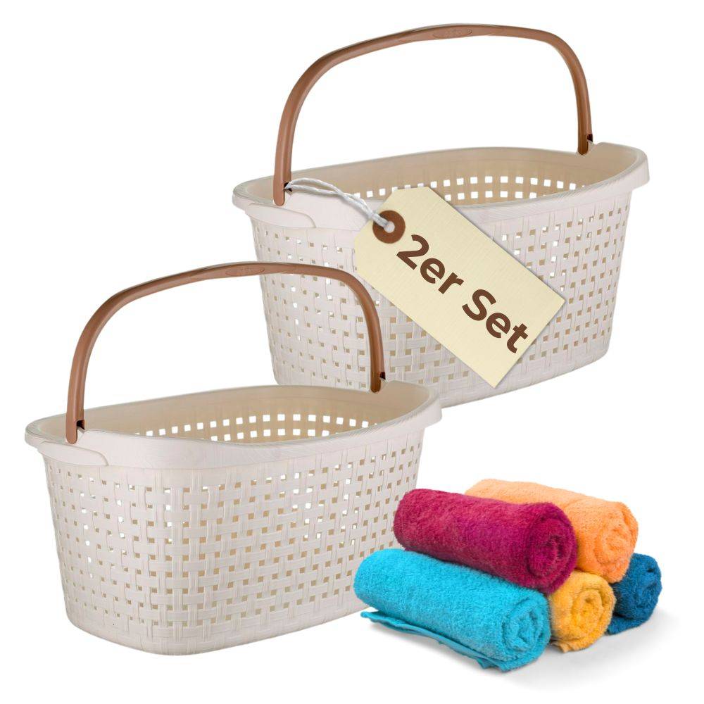 2x Wäschekorb mit Henkel 40 L Wäschewanne Wäschebox Wanne Wäschesammler Wäschekorb Plastik geflochten Design