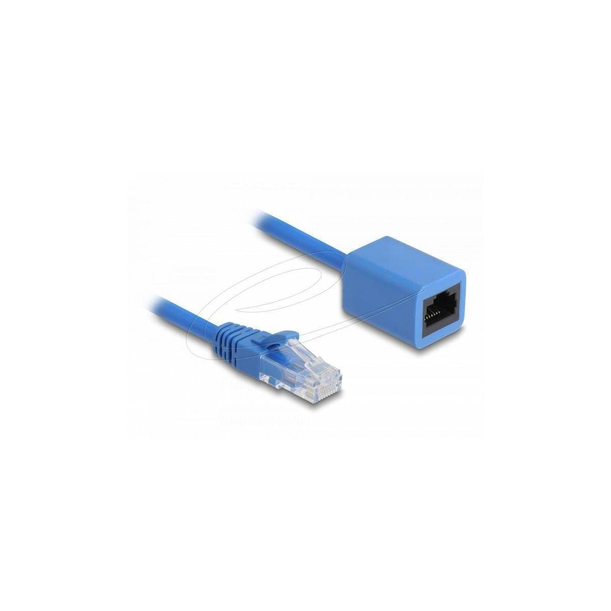 Ein blaues Ethernet-Kabel mit einem Buchse-zu-Buchse-Adapter, verwendet für Netzwerkverbindungen.