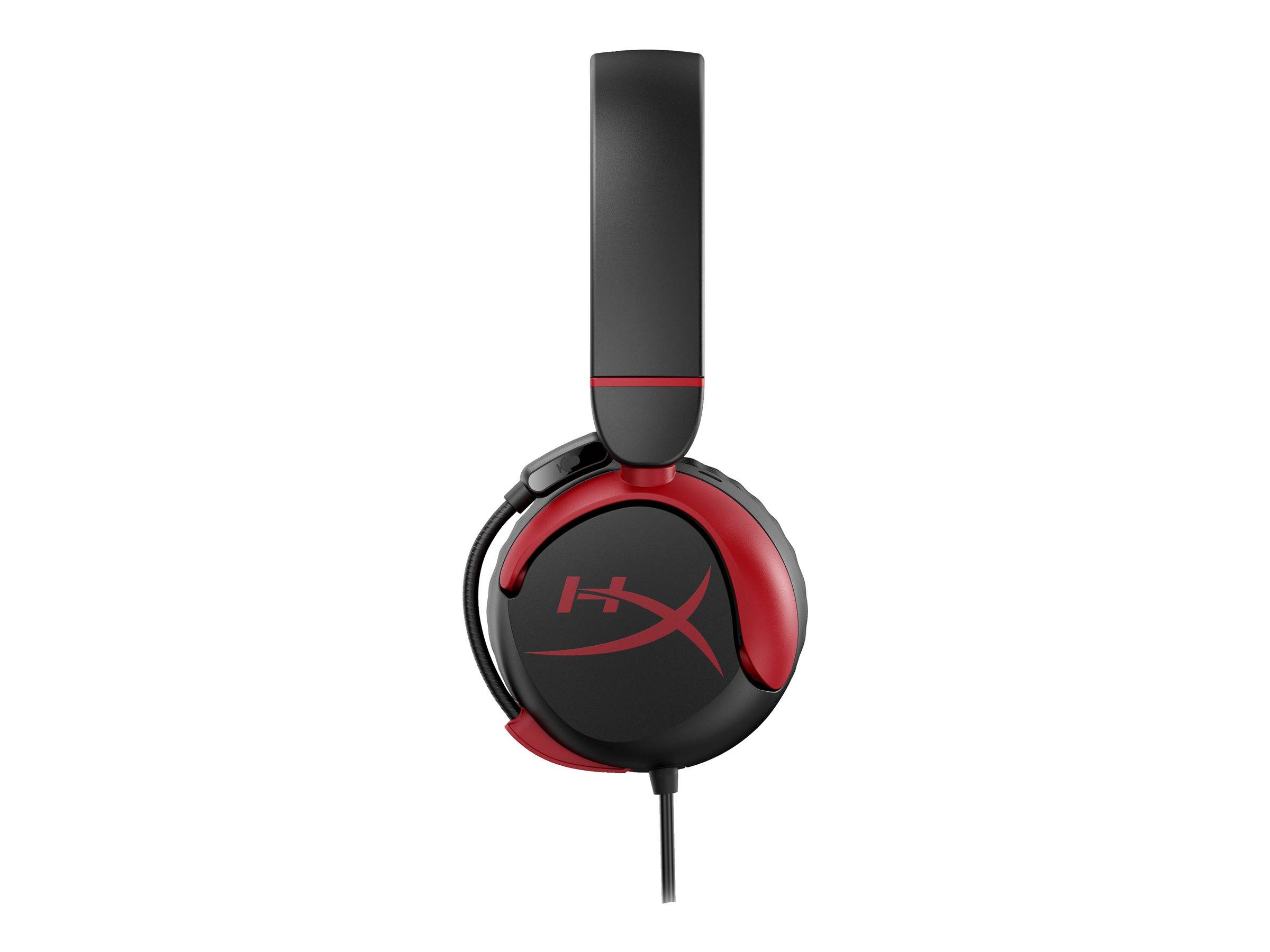 Ein schwarzer und roter Gaming-Headset mit Over-Ear-Design und angeschlossenem Mikrofon. Die Ohrmuschel hat ein zentriertes Logo.