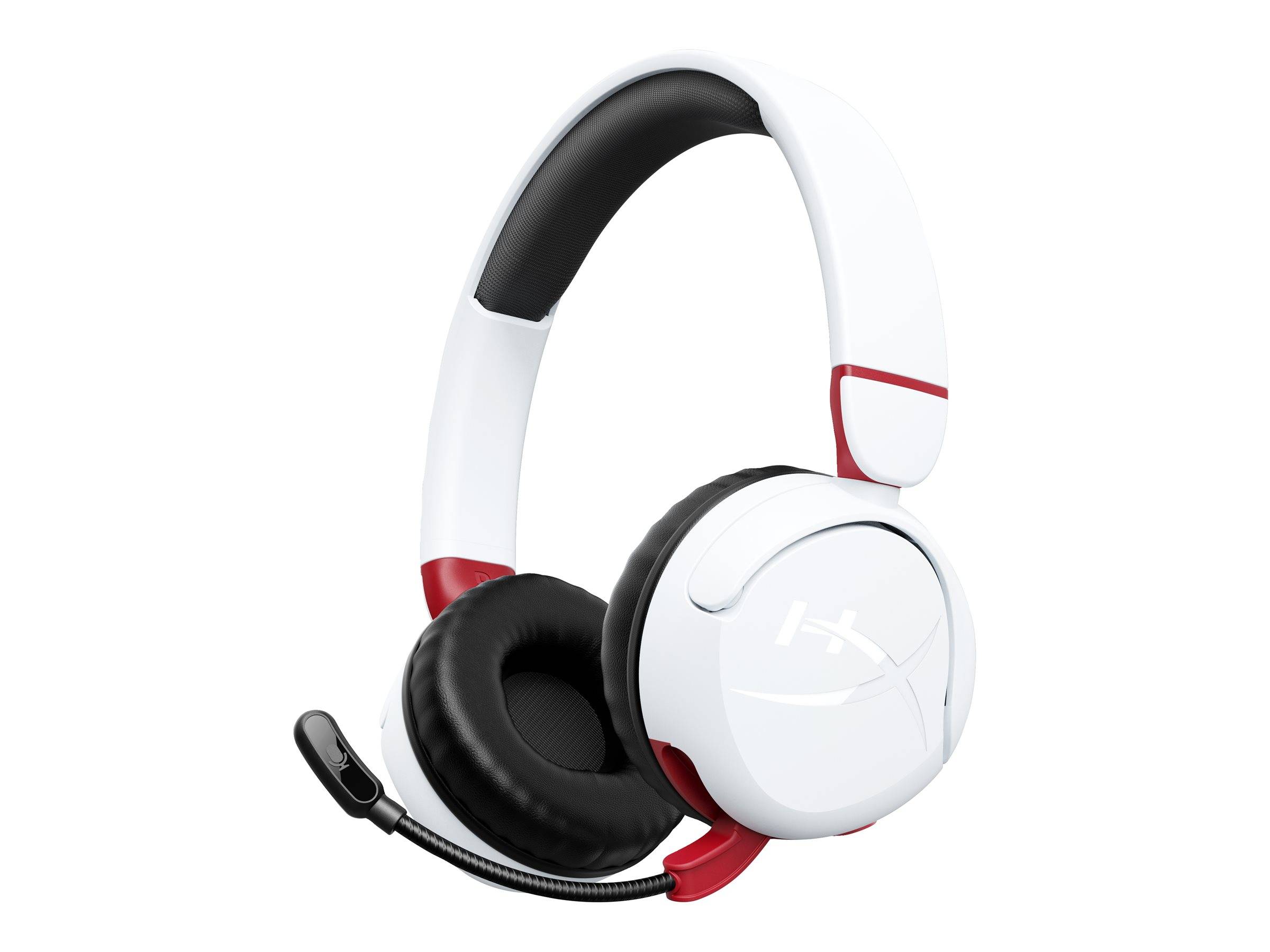 Weiße Over-Ear-Gaming-Kopfhörer mit schwarzem Polster, roten Akzenten und angebrachtem Mikrofon, auf deren Ohrmuschel das HyperX-Logo zu sehen ist.