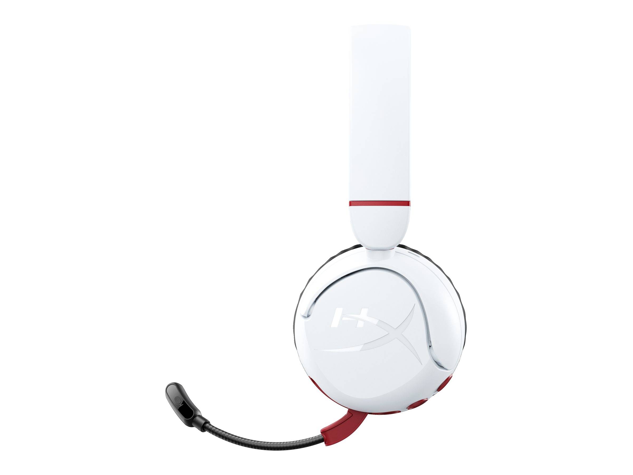 Ein weißes Gaming-Headset mit rotem Akzent, ausgestattet mit einem verstellbaren Mikrofon und gepolsterten Ohrmuscheln.