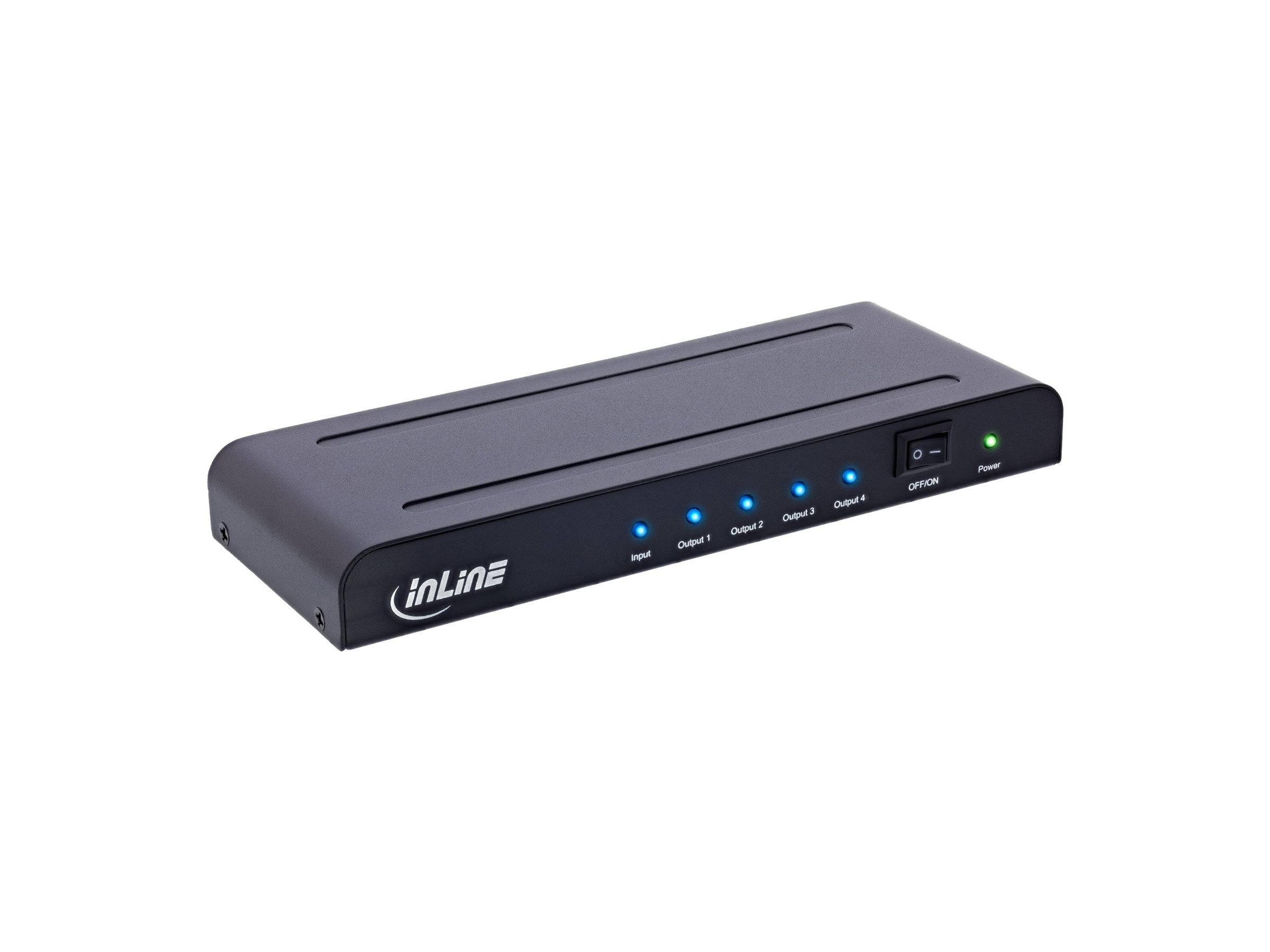 Ein schwarzer Inline-HDMI-Splitter mit vier Ausgangsports, blauen Anzeigelichtern und einem Einschaltknopf auf dem Frontpanel.