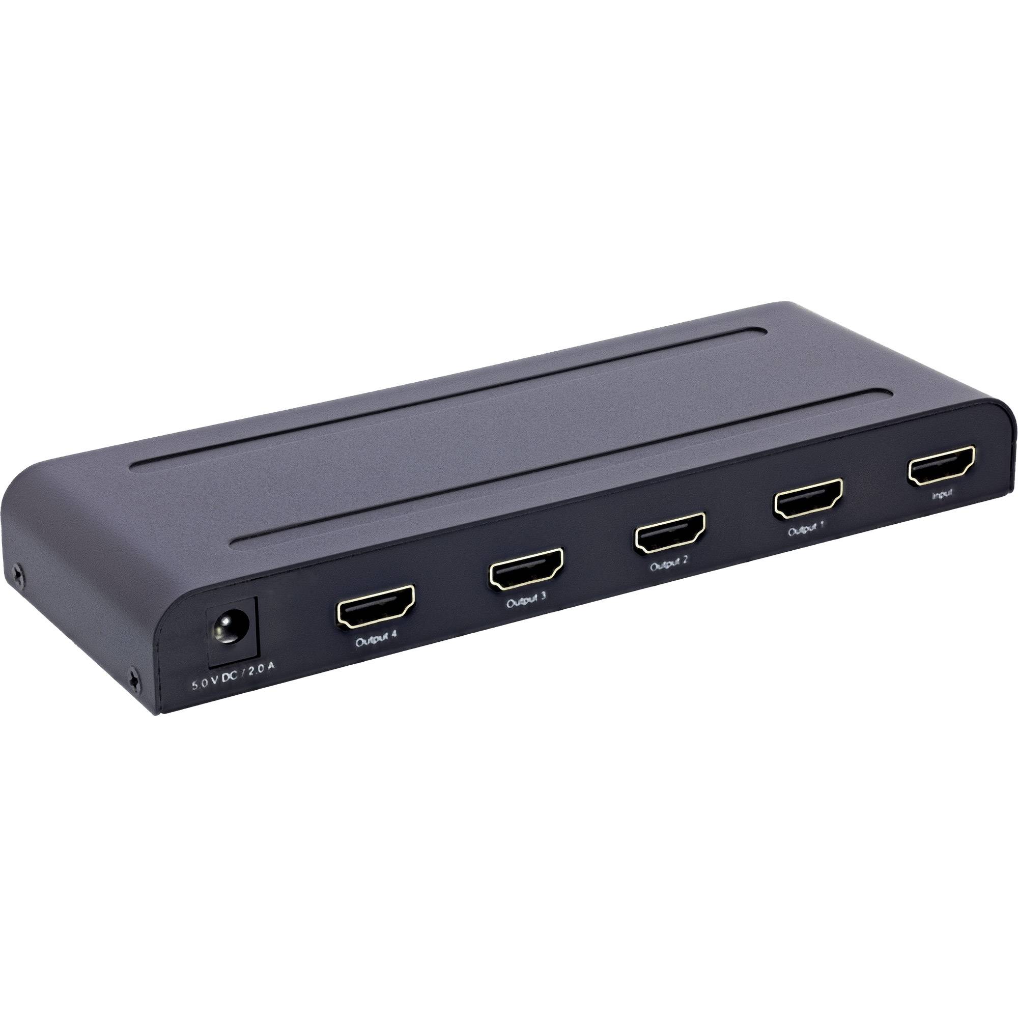 Ein schwarzer HDMI-Verteiler mit vier Ausgabeports und einem Eingabeport zur Verteilung von Videosignalen auf mehrere Displays.