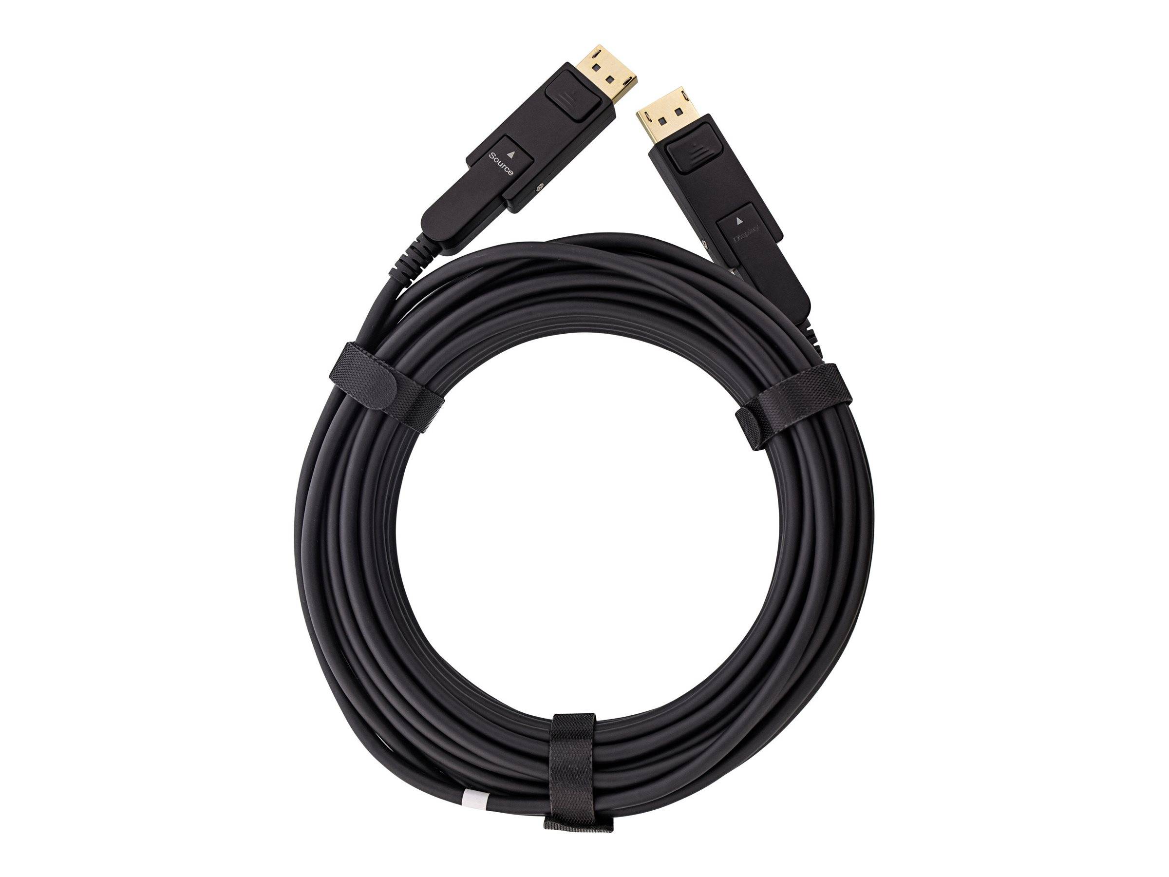 Ein gewickeltes schwarzes Kabel mit DisplayPort-Anschlüssen an beiden Enden, befestigt mit Klettbändern.