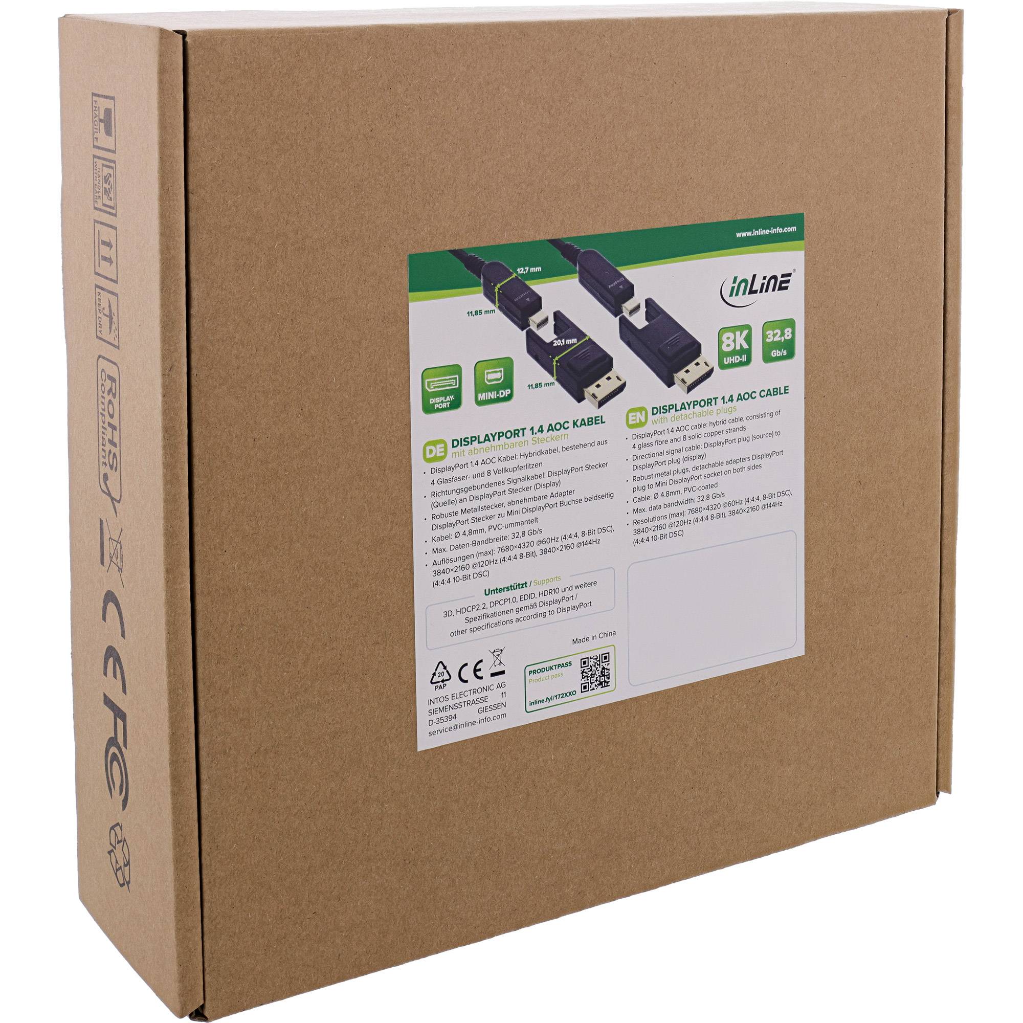 INLINE - DisplayPort 1.4 AOC Kabel - 8K4K - DisplayPort Stecker abnehmbar - 10m