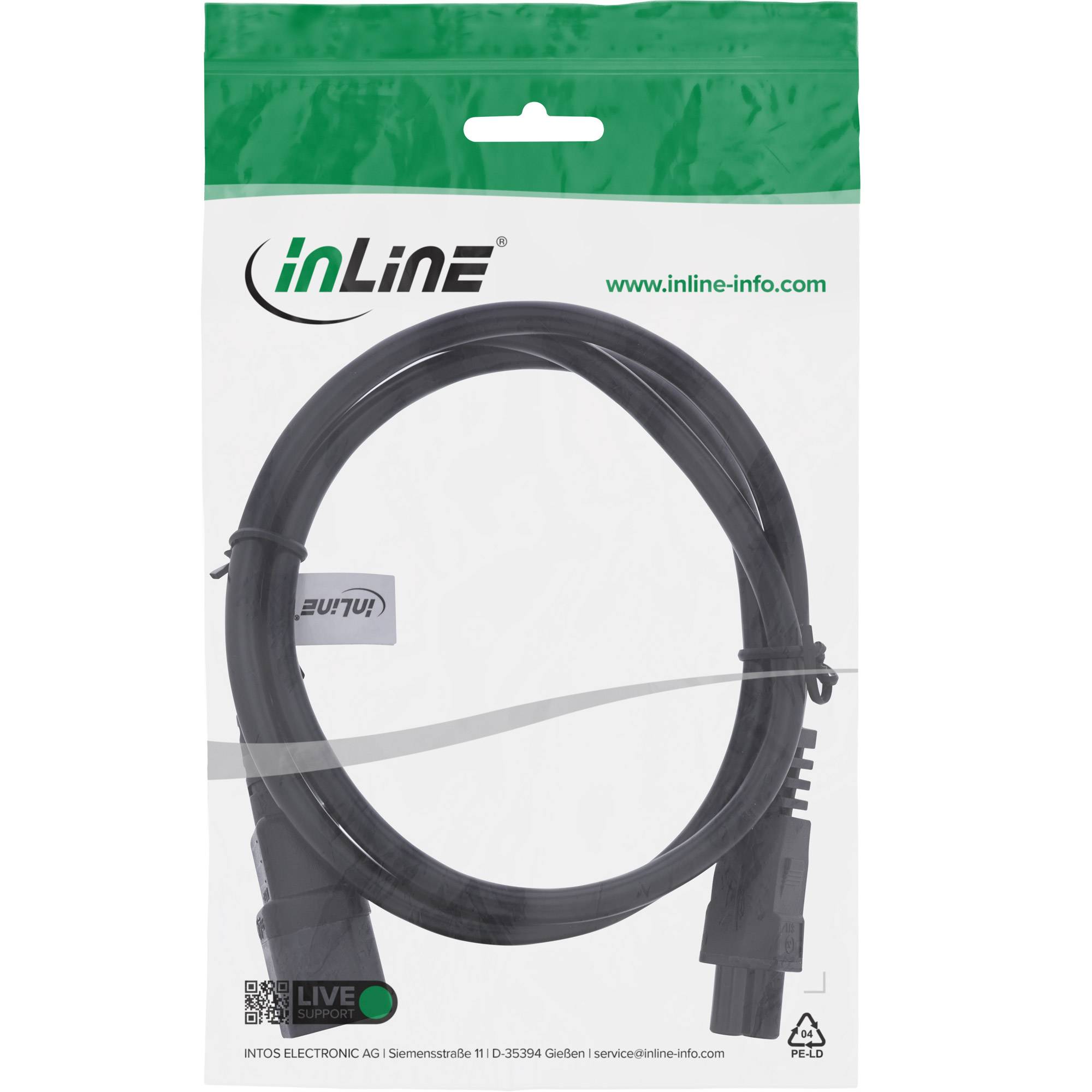 Ein verpacktes schwarzes inLine-Kabel, das auf einer weiß-grünen Einzelhandelskarte aufgewickelt ist, mit dem inLine-Logo und der Website.