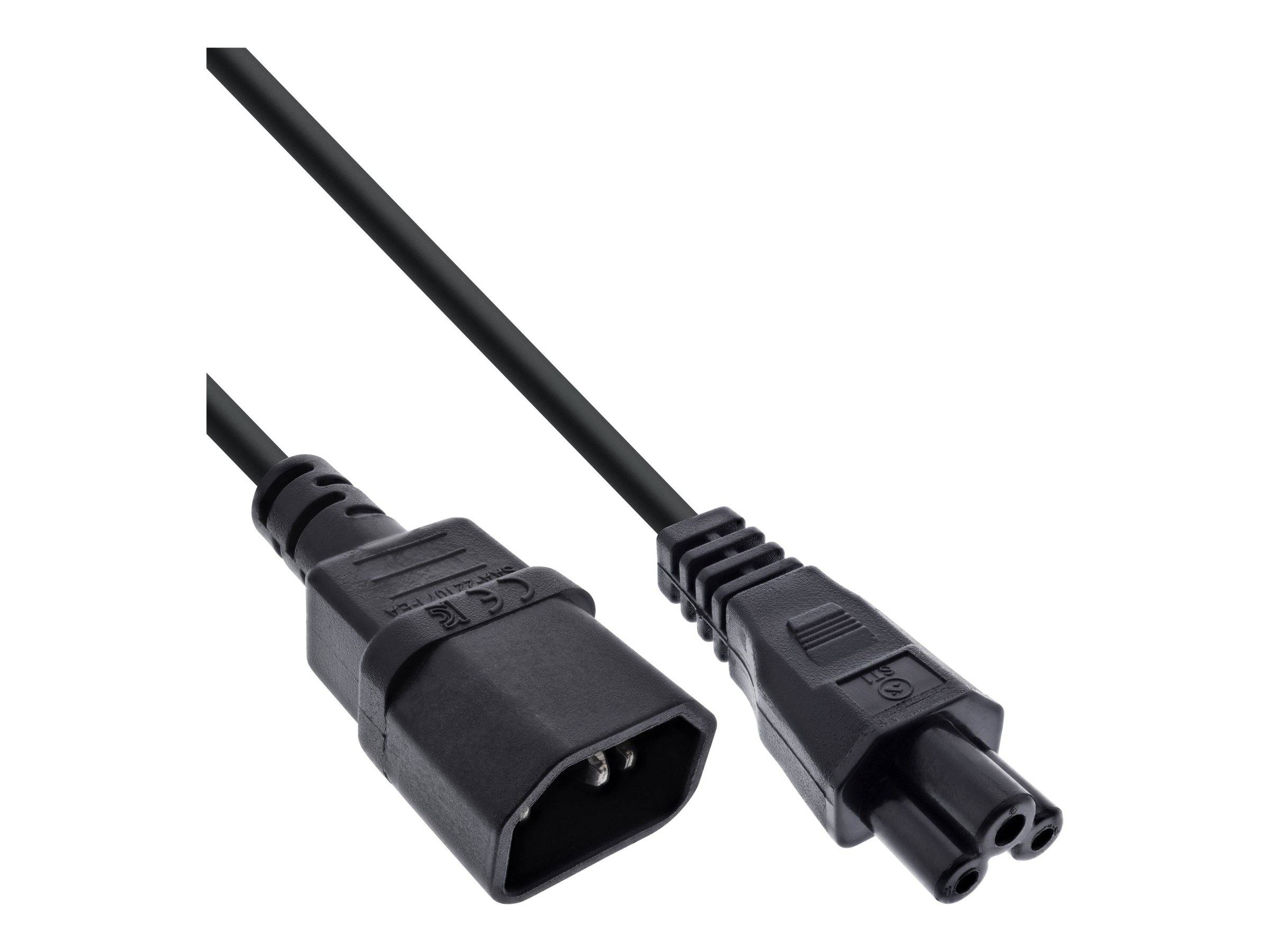 Ein schwarzes Netzkabel mit einem IEC C13-Stecker auf der einen und einem C5-Stecker auf der anderen Seite.
