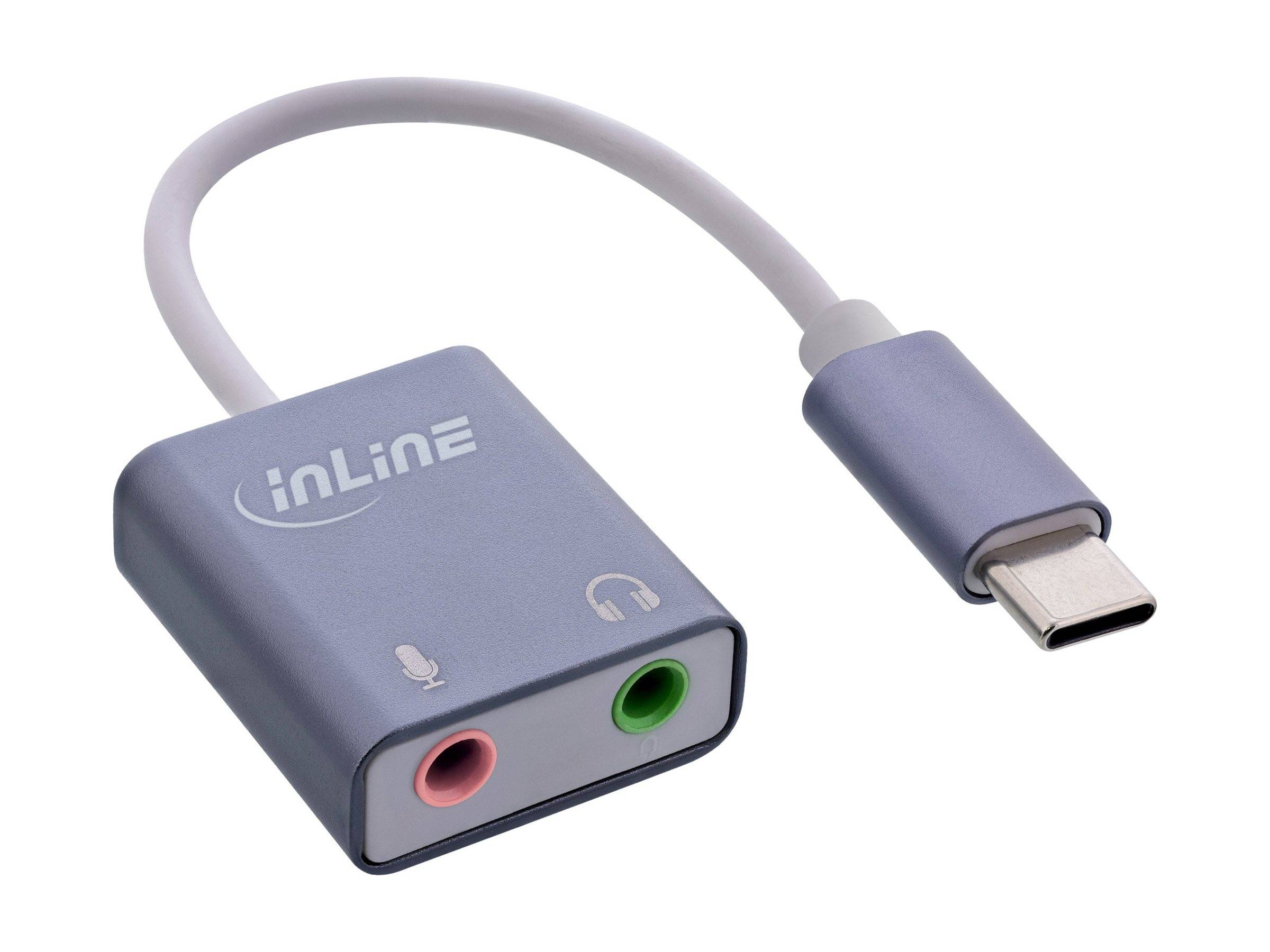 Ein USB-C zu 3,5mm Audio-Adapter mit Mikrofon und Kopfhörerbuchse. Der Adapter ist metallic-grau mit dem Markennamen 'inLine' darauf gedruckt.