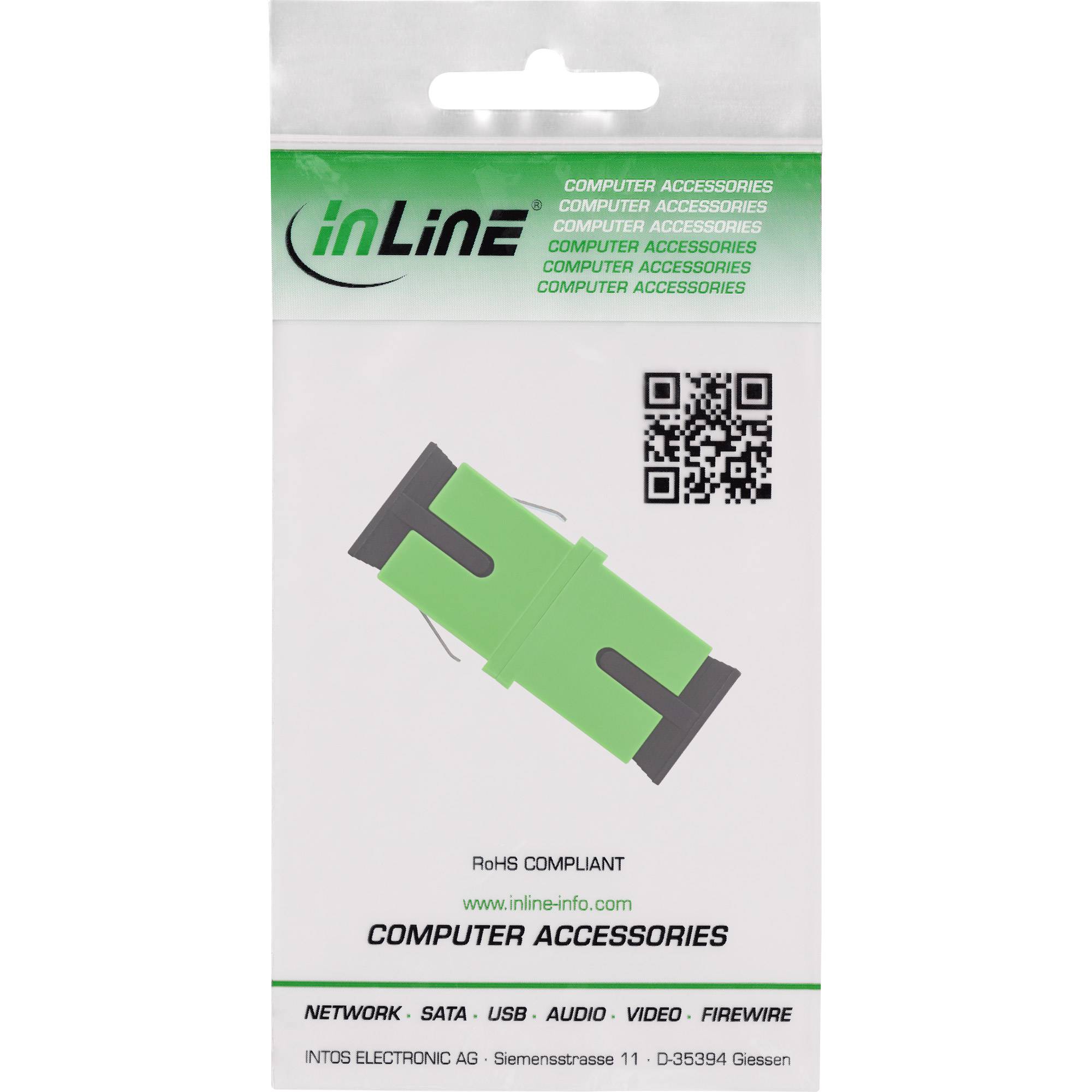Verpackung für Computer-Zubehör von 'inLine'. Grün-schwarzer Adapter im Inneren. Text enthält 'RoHS-konform' und eine Webseiten-URL.