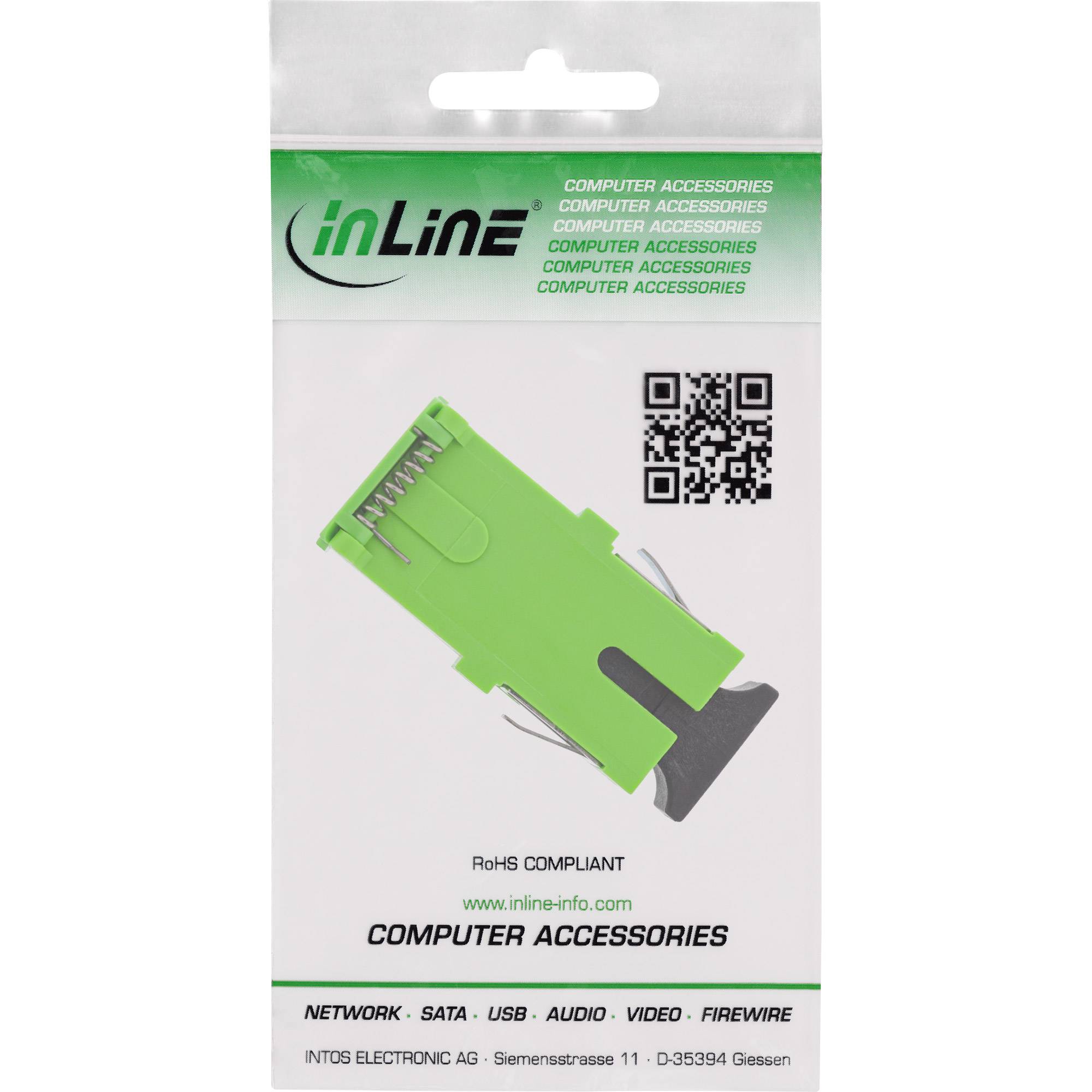 Verpackung mit einem grünen Computerubehör, beschriftet mit 'COMPUTER-ZUBEHÖR'. Enthält QR-Code, Website und RoHS-Konformitätsvermerk.