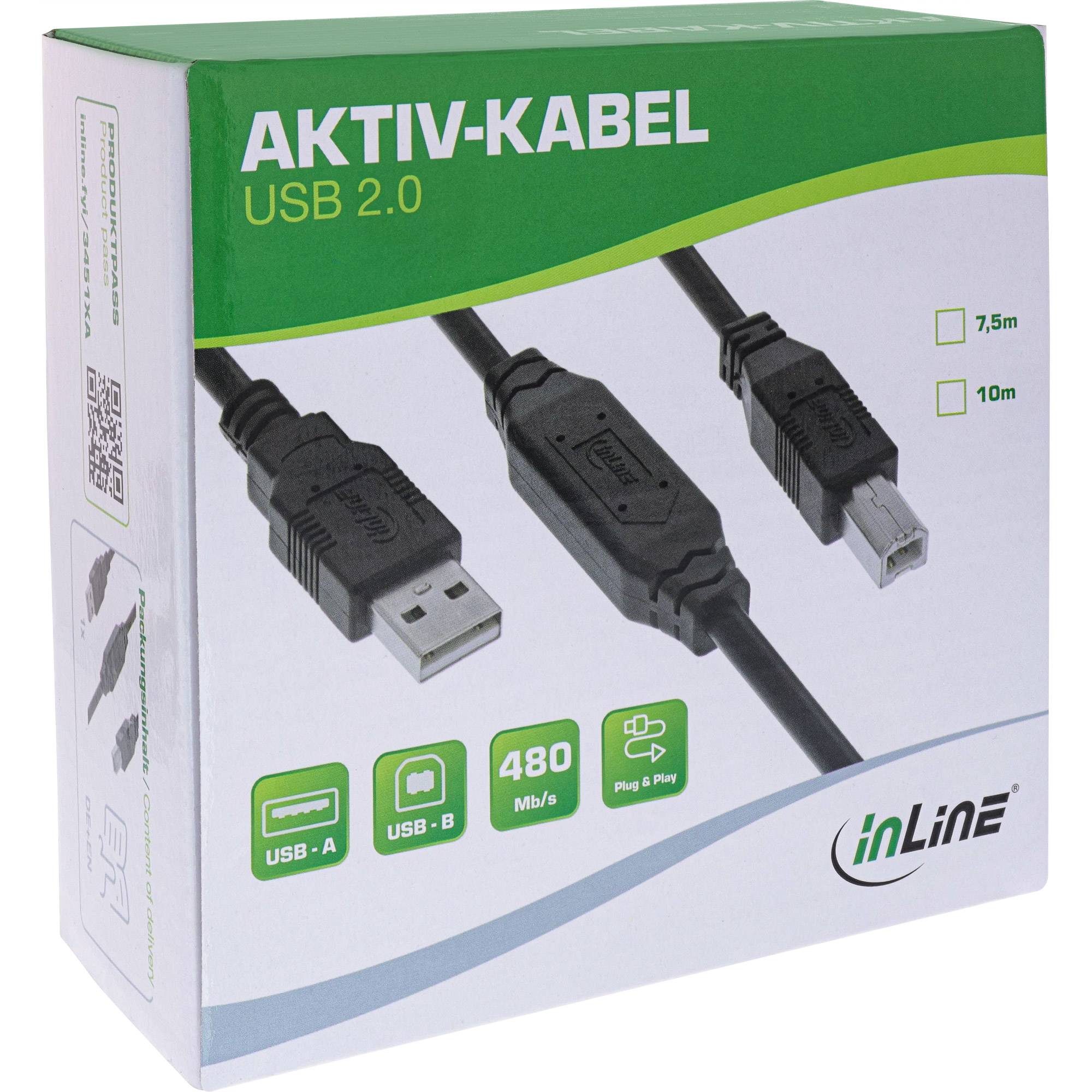 INLINE - USB 2.0 Aktiv-Kabel - USB-A Stecker zu USB-B Stecker - 10m
