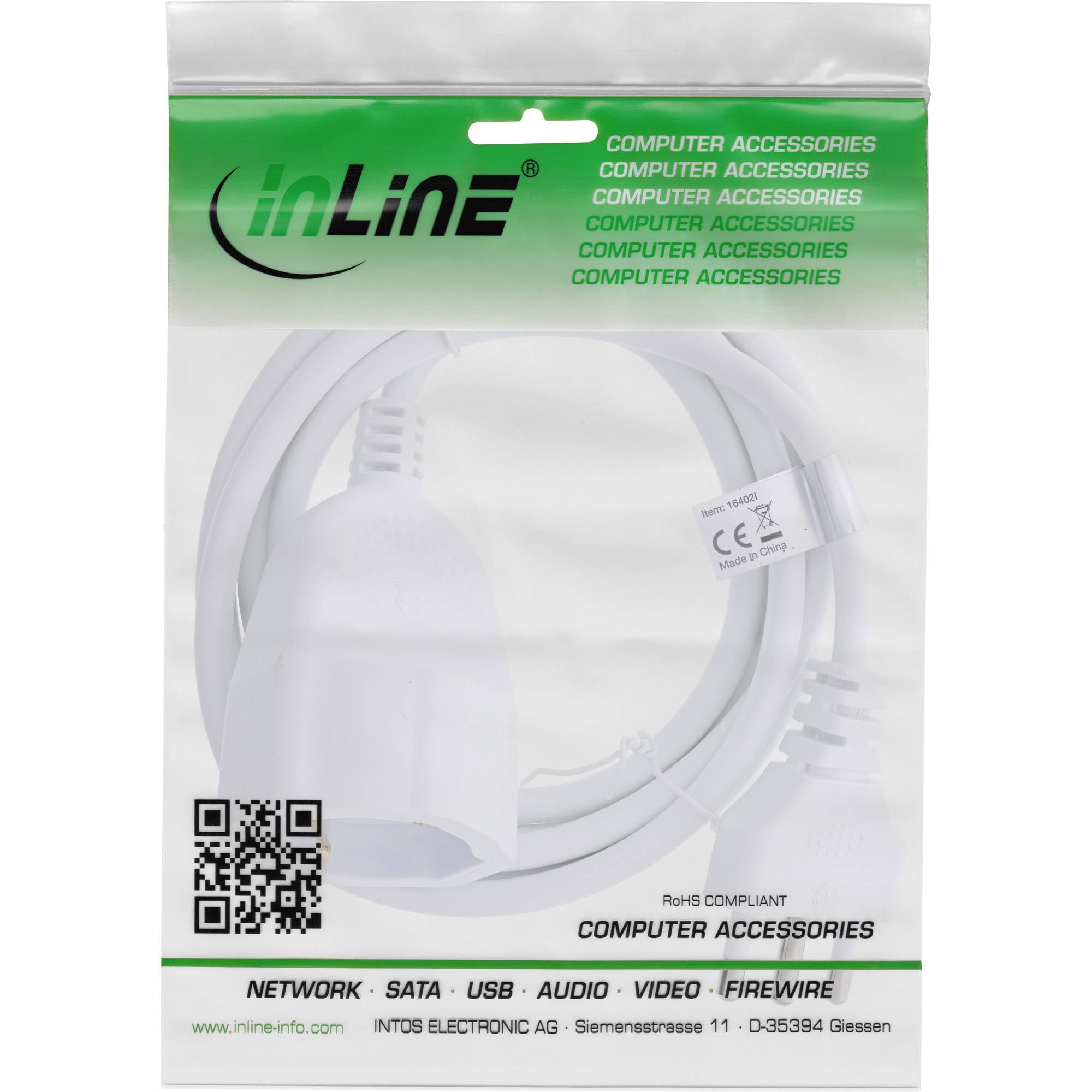 Computerubehör-Verpackung mit einem weißen Netzwerkkabel mit Anschlüssen, der Markenbezeichnung ‚inLine' und einem QR-Code.