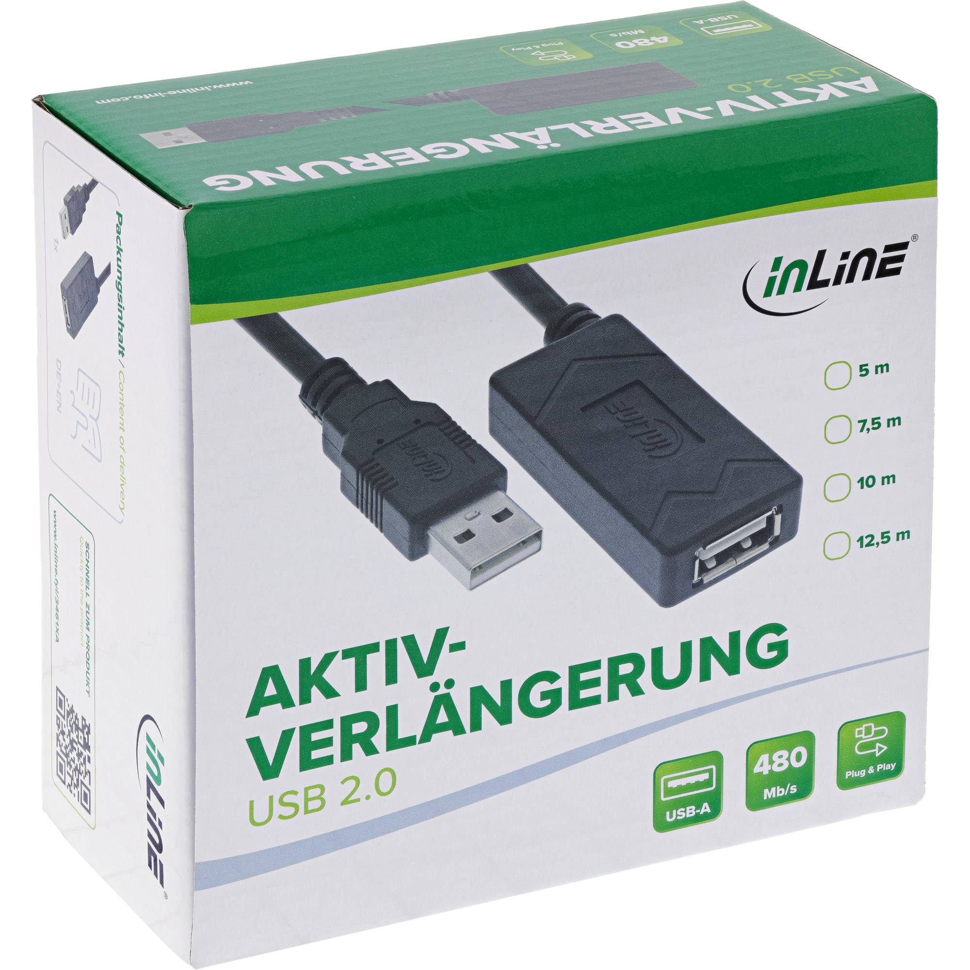 Produktbox für ein InLine USB 2.0 aktives Verlängerungskabel mit USB-A-Stecker und Buchse, erhältlich in den Längen 5 m, 7,5 m, 10 m und 12,5 m.