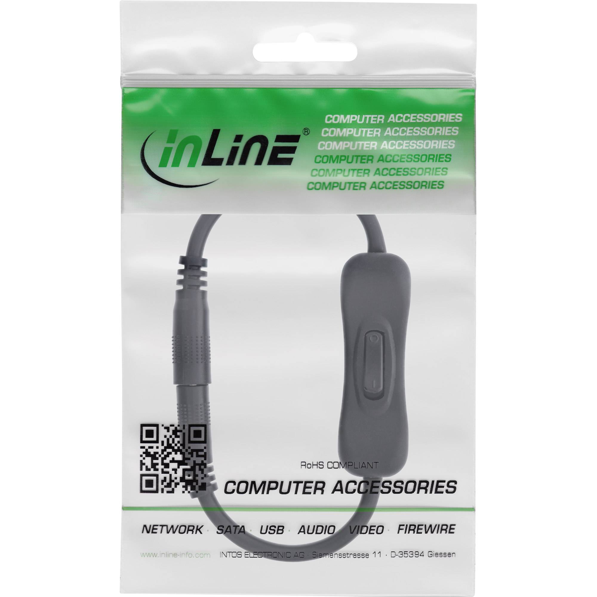 INLINE - DC Kabel mit Schalter - DC ST/BU 5,5x2,1mm - AWG 18 - schwarz - 0,20m