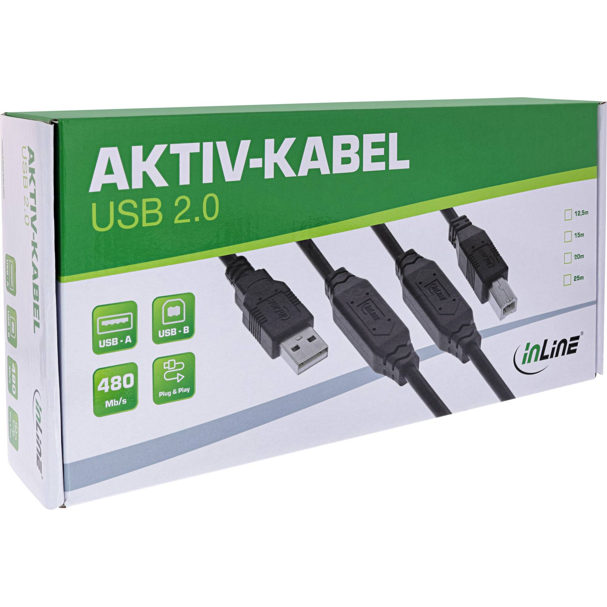 INLINE - USB 2.0 Aktiv-Kabel - USB-A Stecker zu USB-B Stecker - 25m
