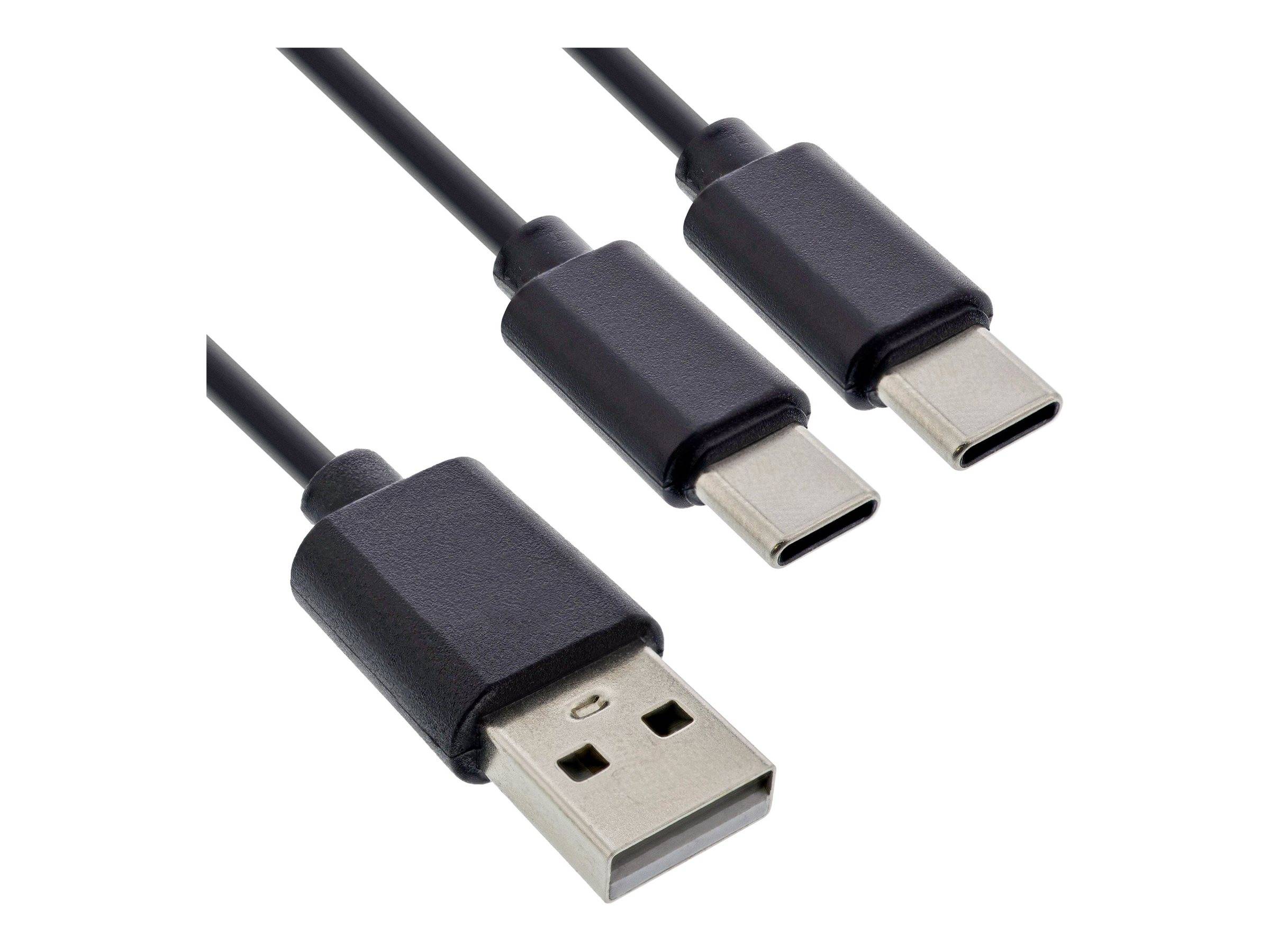 USB-Kabel mit einem USB-A und zwei USB-C-Anschlüssen.
