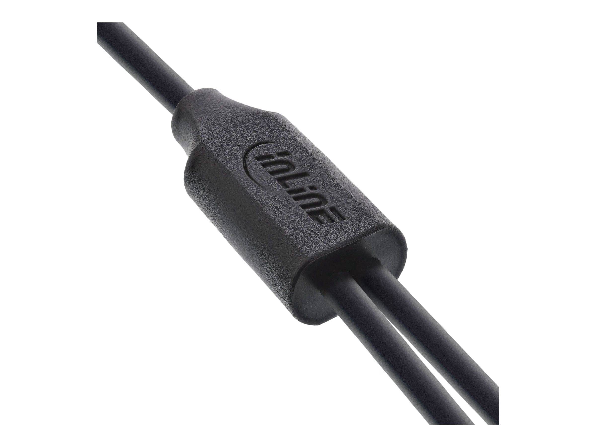 Ein schwarzes Inline-Mikrofon mit zwei angeschlossenen Kabeln, entwickelt für Audiogeräte.