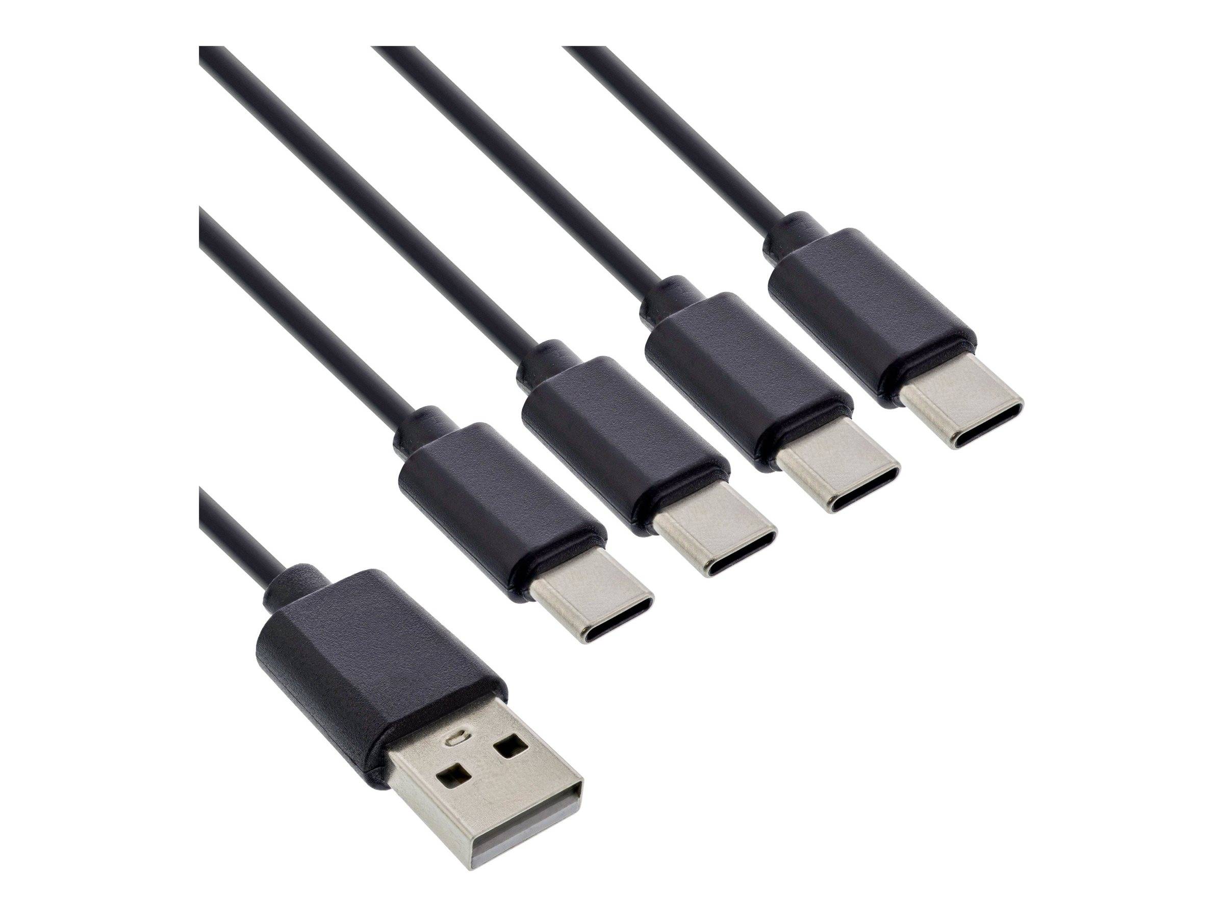 Ein USB-Kabel mit einem Standard-USB-Typ-A-Stecker an einem Ende und mehreren USB-Typ-C-Steckern am anderen Ende, zum Laden oder zur Datenübertragung.