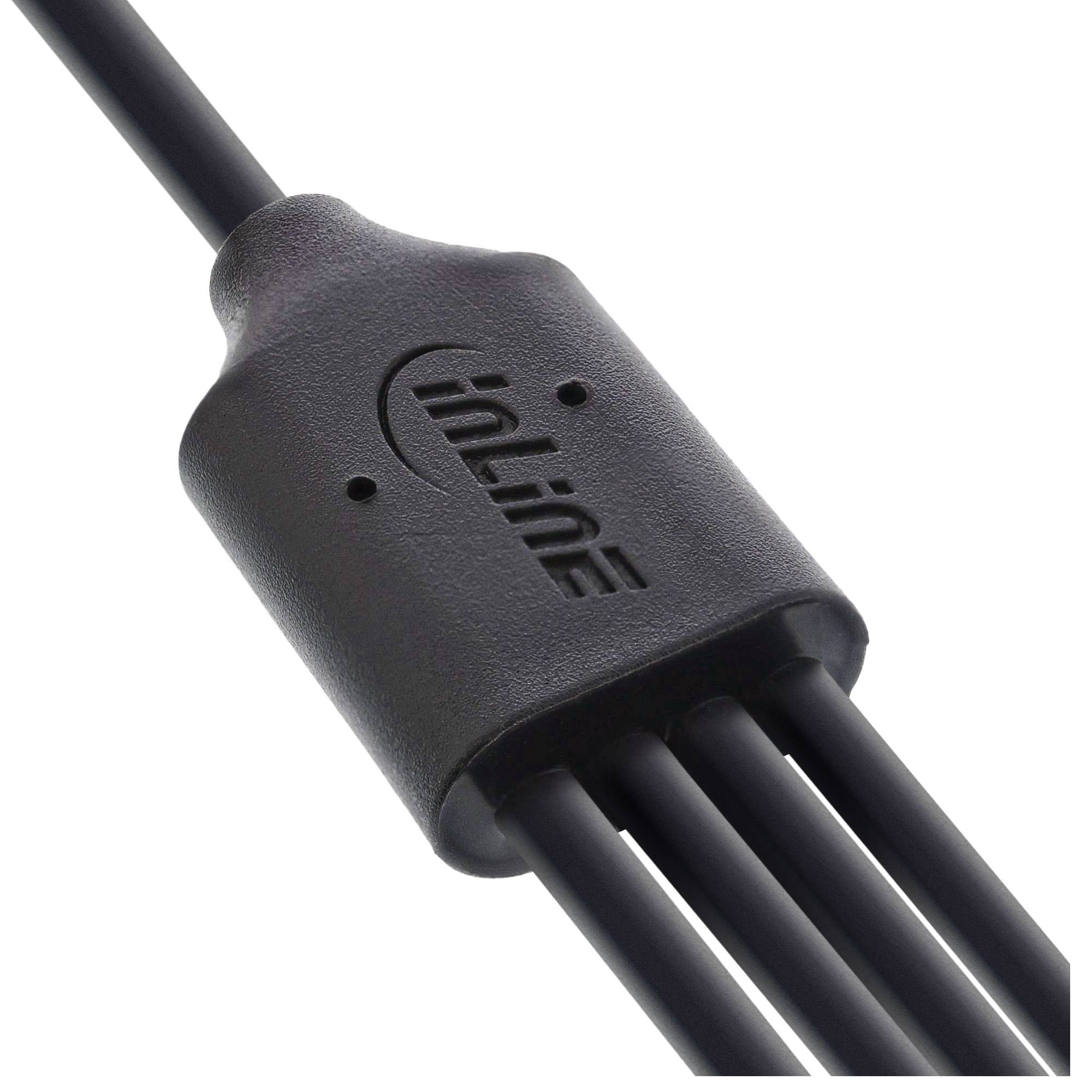 Ein schwarzer Inline-Kabelverteiler mit vier ausgestreckten Kabeln, der zur Verteilung elektrischer Signale verwendet wird.