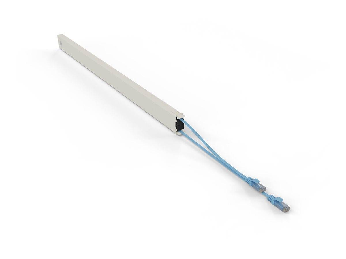 Ein langer weißer Kabelkanal mit zwei blauen Netzwerkkabeln, die an einem Ende mit Steckverbindern versehen sind, isoliert auf weißem Hintergrund.