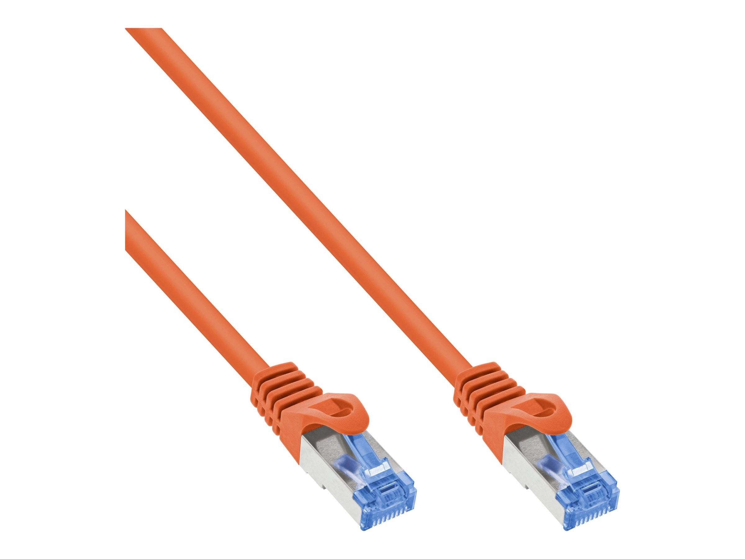 Ein orangefarbenes Ethernet-Kabel mit RJ45-Steckern an beiden Enden, das für Netzwerkverbindungen verwendet wird.