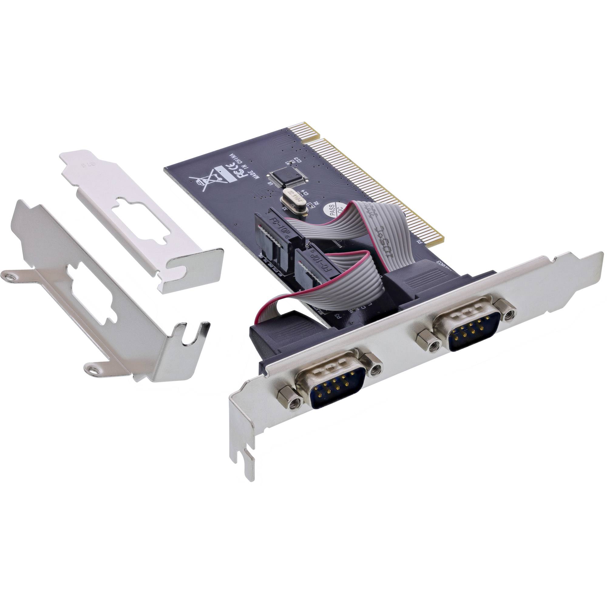 PCI-Erweiterungskarte mit zwei Serienanschlüssen und zwei Metallbracketabdeckungen auf weißem Hintergrund.