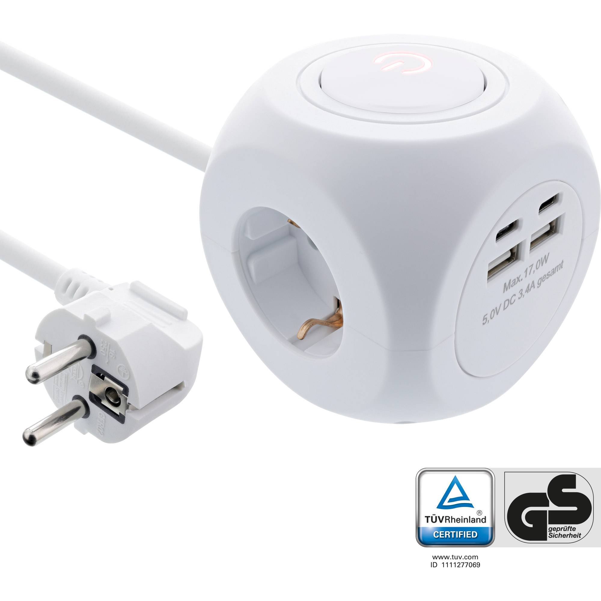 INLINE - Charging Cube - 3x Schutzkontakt - 2x USB-C - 2x USB-A - weiß - 2m