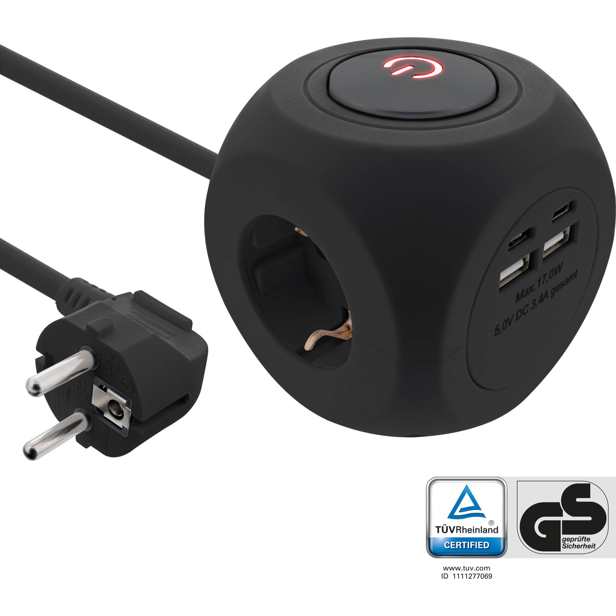 INLINE - Charging Cube - 3x Schutzkontakt - 2x USB-C - 2x USB-A - schwarz - 2m