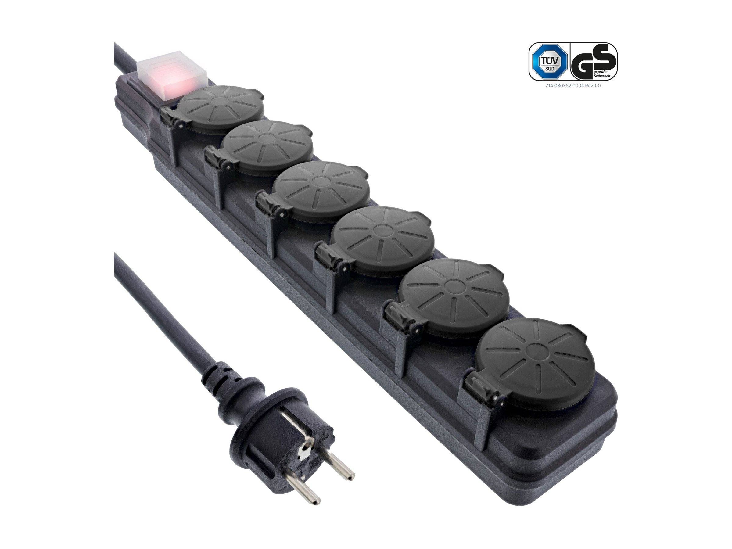 Eine Steckdosenleiste mit sechs Steckdosen, Schutzabdeckungen und einem europäischen Stecker. Sie verfügt über einen beleuchteten Schalter und Zertifizierungslogos in der oberen rechten Ecke.