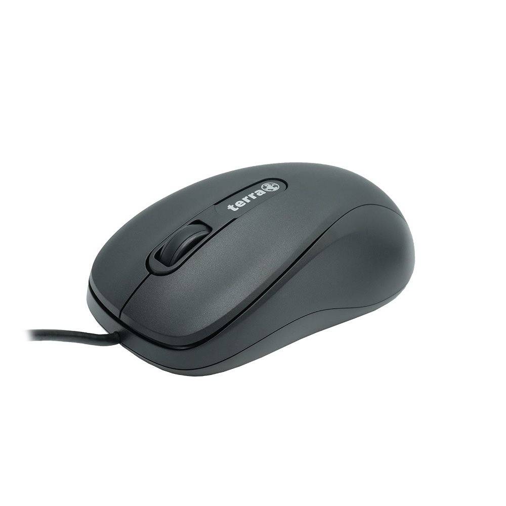 Eine schwarze schnurgebundene Computermaus mit Scrollrad, mit dem Label 