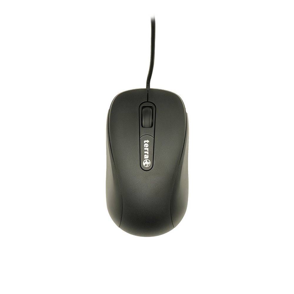 Eine schwarze Computermaus mit einem Scrollrad und einem Kabel, mit einem Logo auf der Oberseite gekennzeichnet.