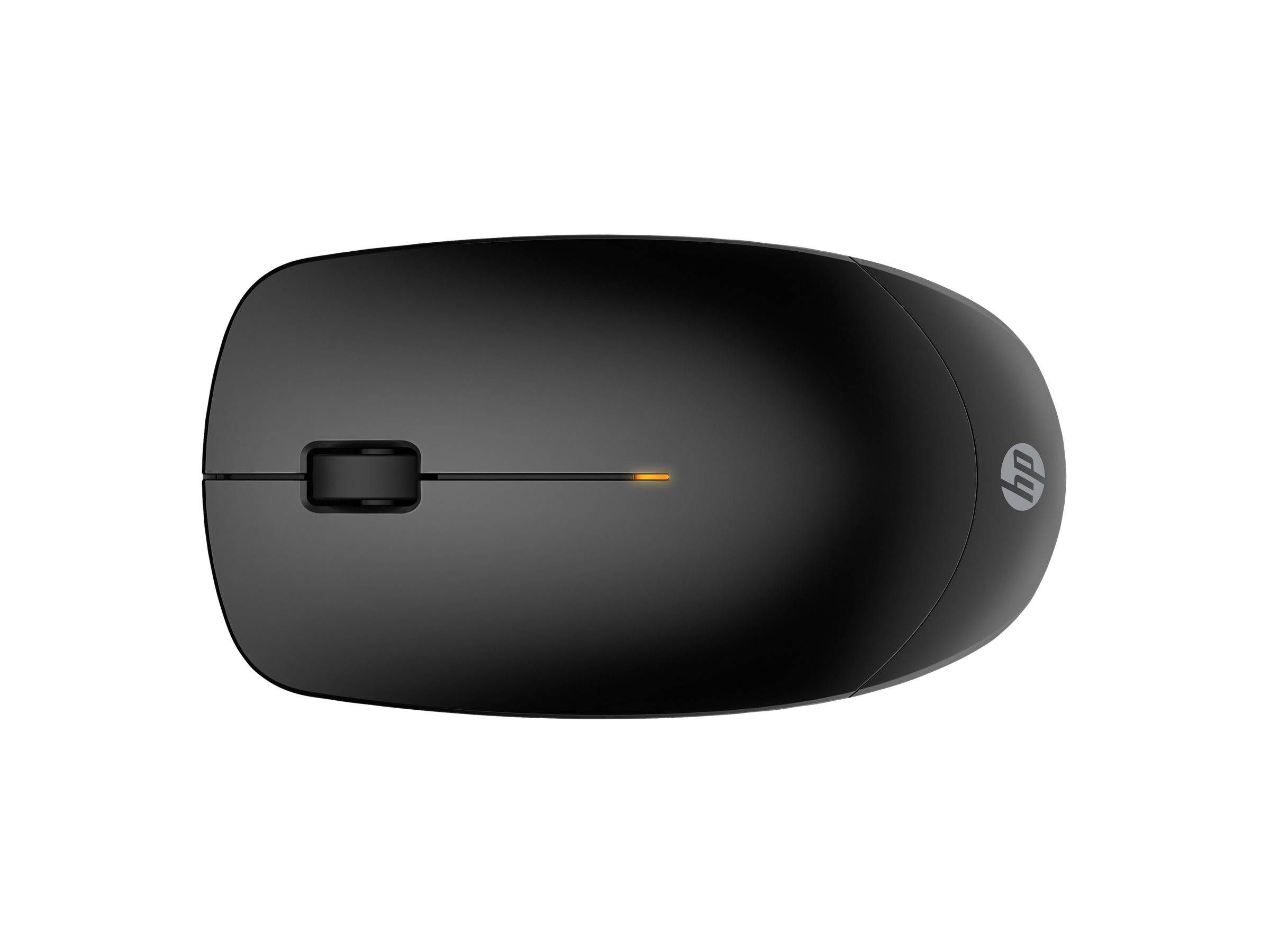 Eine schwarze kabellose Maus mit HP-Logo an der Seite, ausgestattet mit einem Scrollrad und einem eleganten Design vor einem weißen Hintergrund.