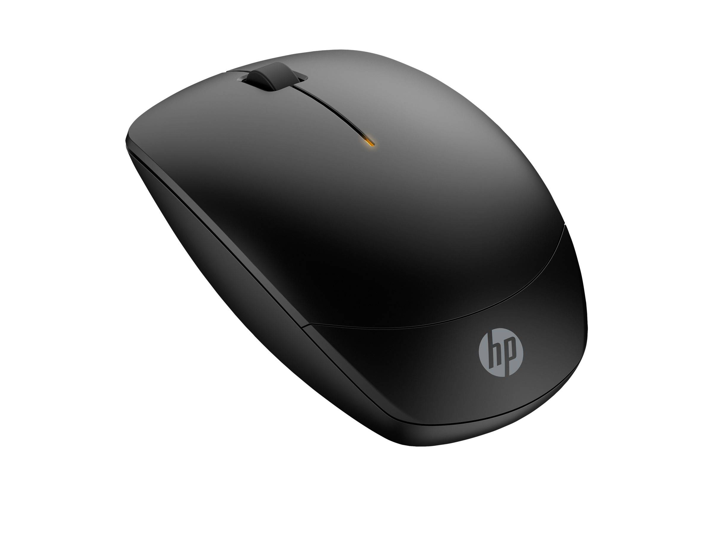 Eine elegante, schwarze kabellose Computermaus mit dem HP-Logo auf der Unterseite, aus einem Winkel betrachtet, die ihr glattes Design zur Geltung bringt.