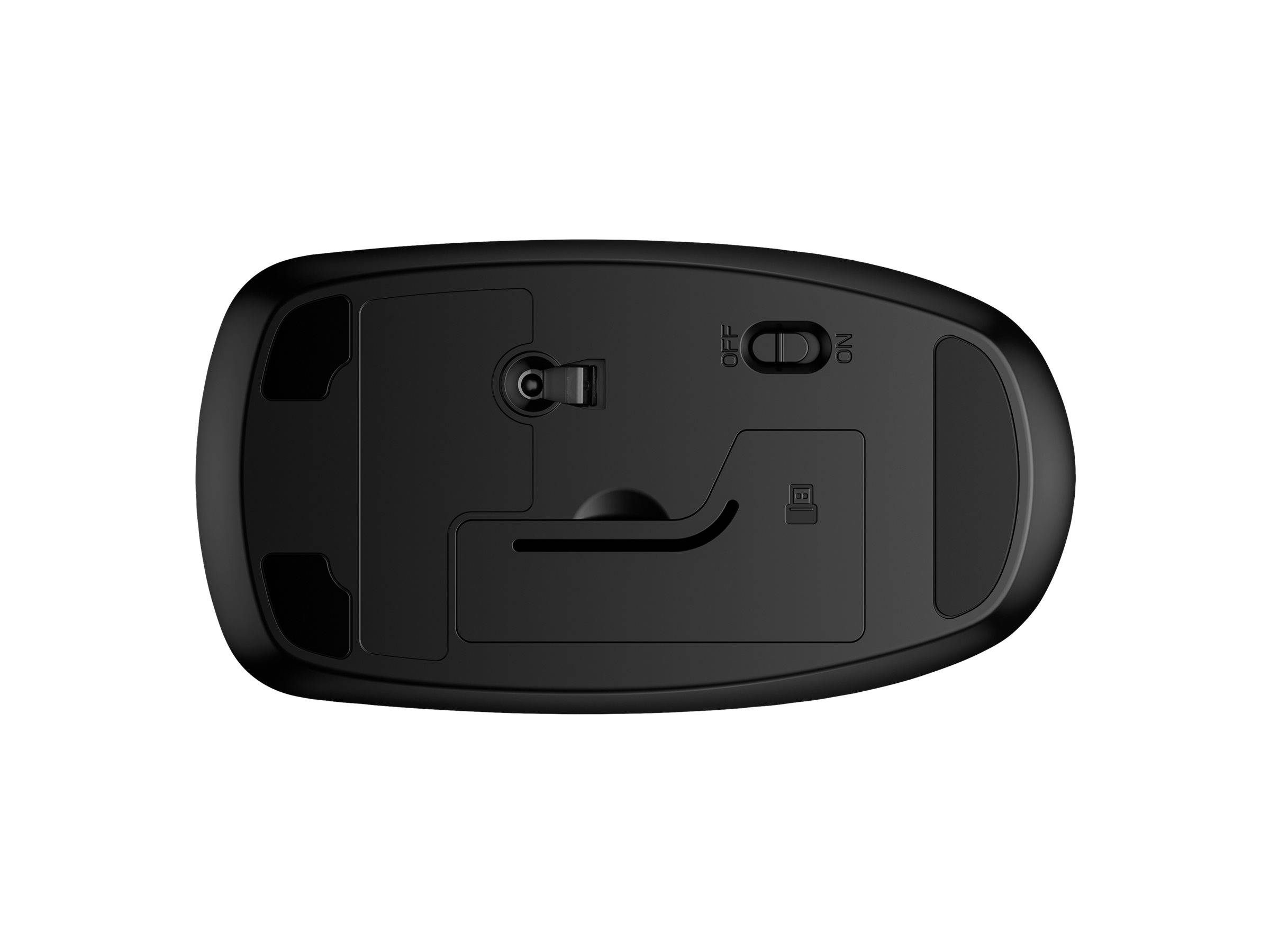 Unteransicht einer schwarzen drahtlosen Computermaus mit einem Ein-/Ausschalter, einem Batteriefach und einem optischen Sensor.