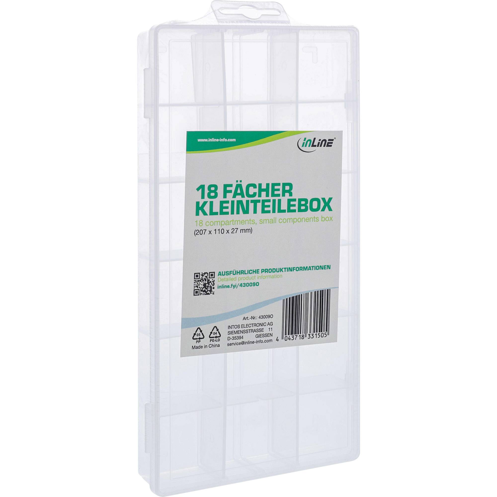 INLINE - Kleinteilebox - 18 Fächer - Abmessungen: 207x110x27mm - transparent