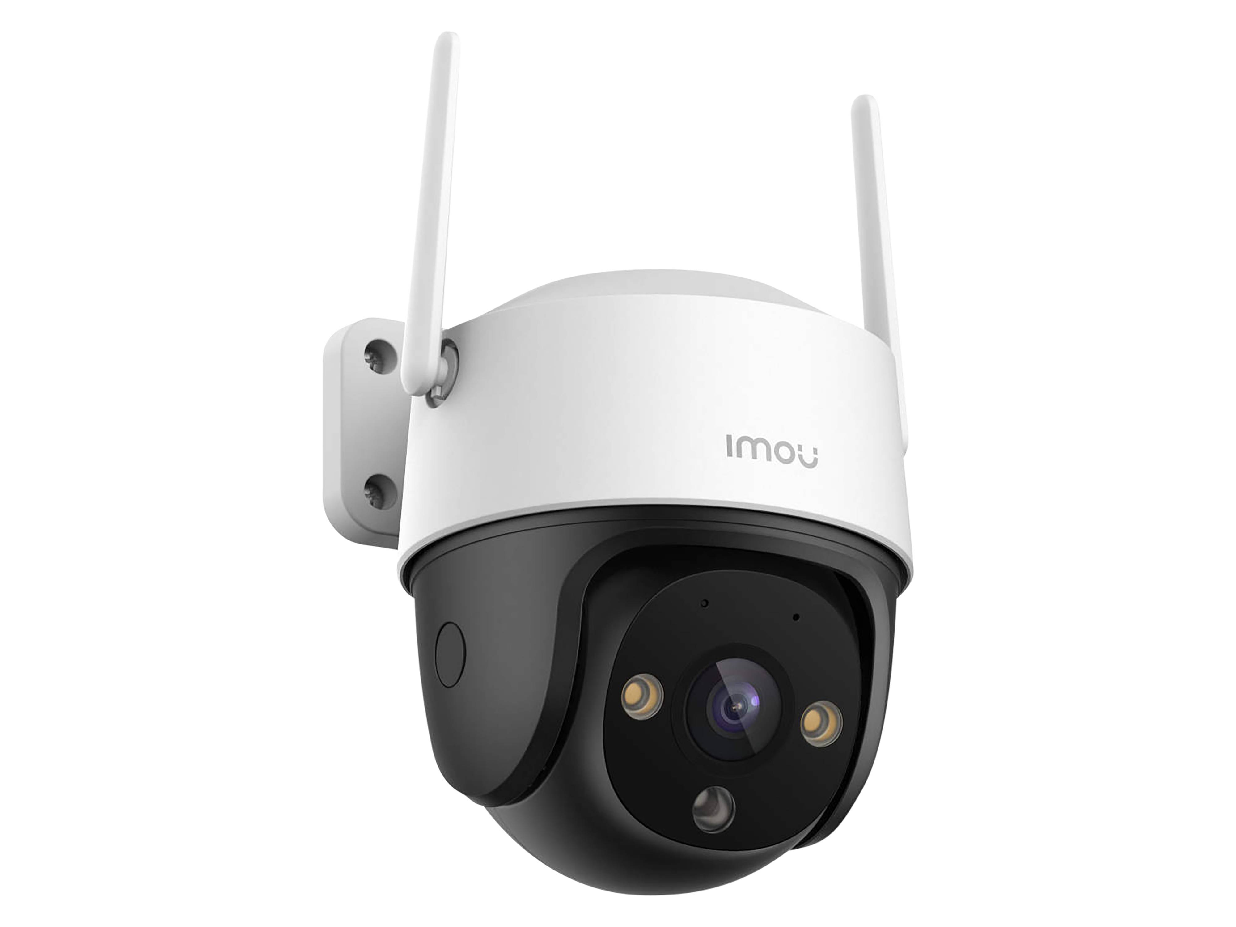 Eine weiße und schwarze Sicherheitskamera mit Antennen, die an einer Wand montiert ist und mit 'imou' beschriftet ist.