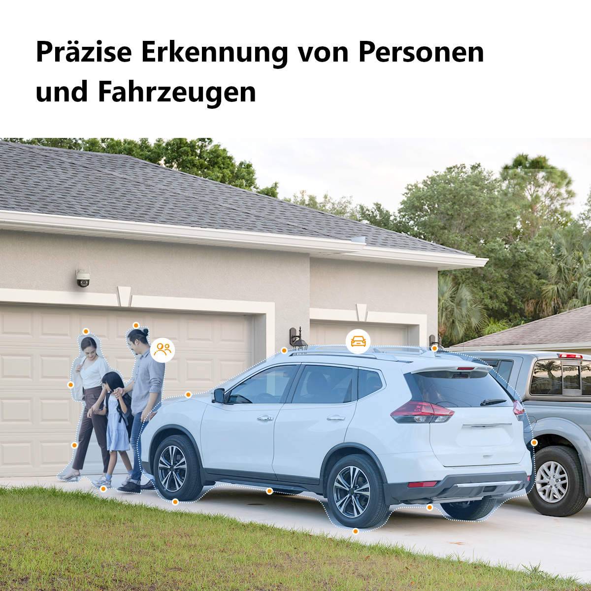 Ein Vorstadthaus mit zwei Fahrzeugen auf der Einfahrt. Eine Familie steht in der Nähe eines Autos, während Symbole Personen- und Fahrzeugidentifikation anzeigen.