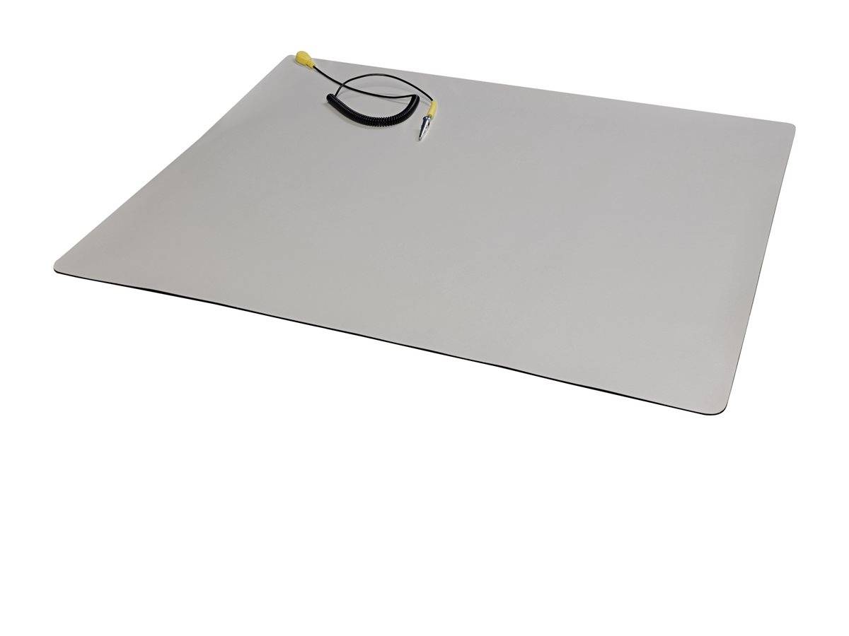 Ein flaches, graues, rechteckiges elektronisches Heizpad mit schwarzem Spiralkabel und gelbem Stecker, entwickelt zum Wärmen von Oberflächen oder Räumen.