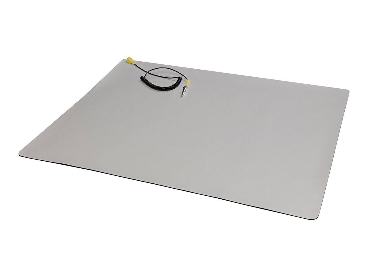 Eine graue rechteckige Erdungsmatte mit einer aufgewickelten schwarzen Leitung und gelbem Anschluss, verwendet für Erdungszwecke.