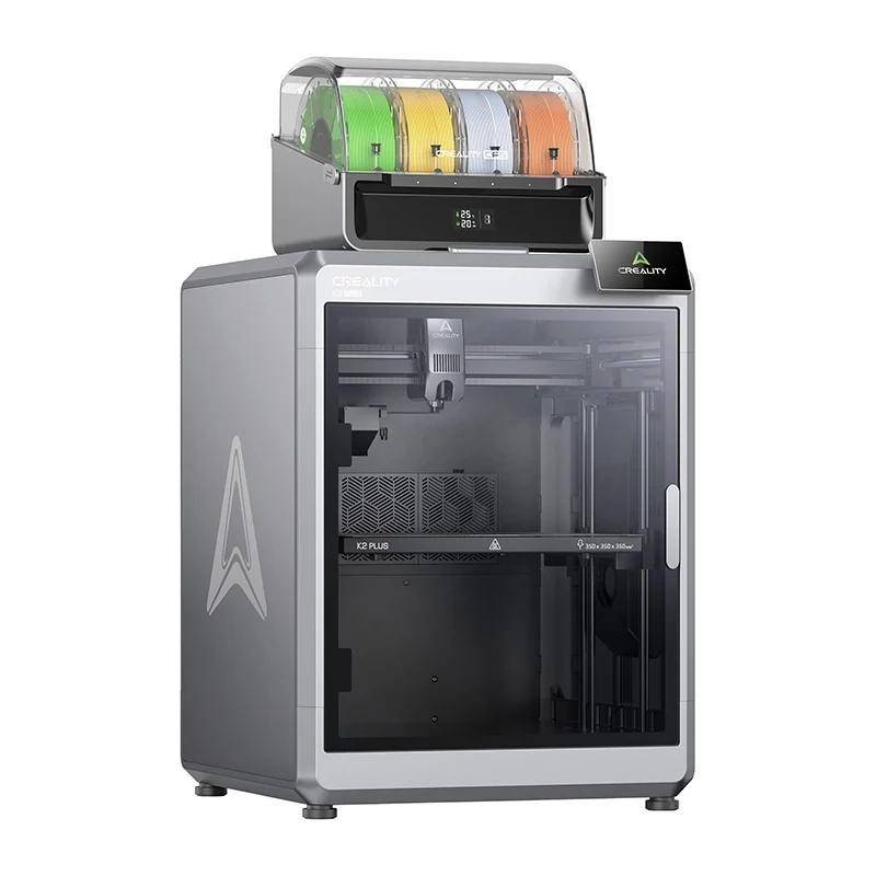 Ein 3D-Drucker mit einer transparenten Kammertür, die die interne Struktur und Filamentspulen in verschiedenen Farben auf der Oberseite zeigt.