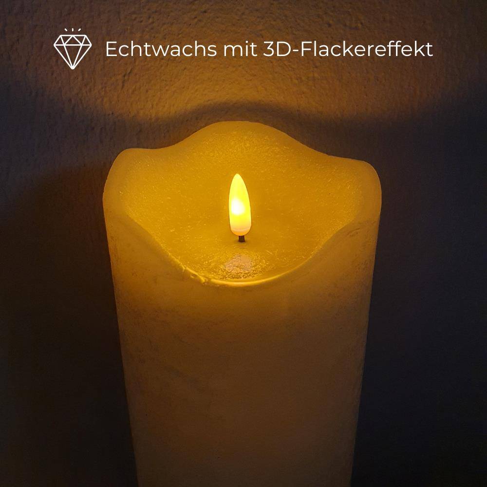 LED Echtwachskerze mit Timer Echtwachs Kerze Creme Weiß Batterie Flackereffekt beweglicher Flamme flammenlose Kerze batteriebetrieben 10 x 20 cm