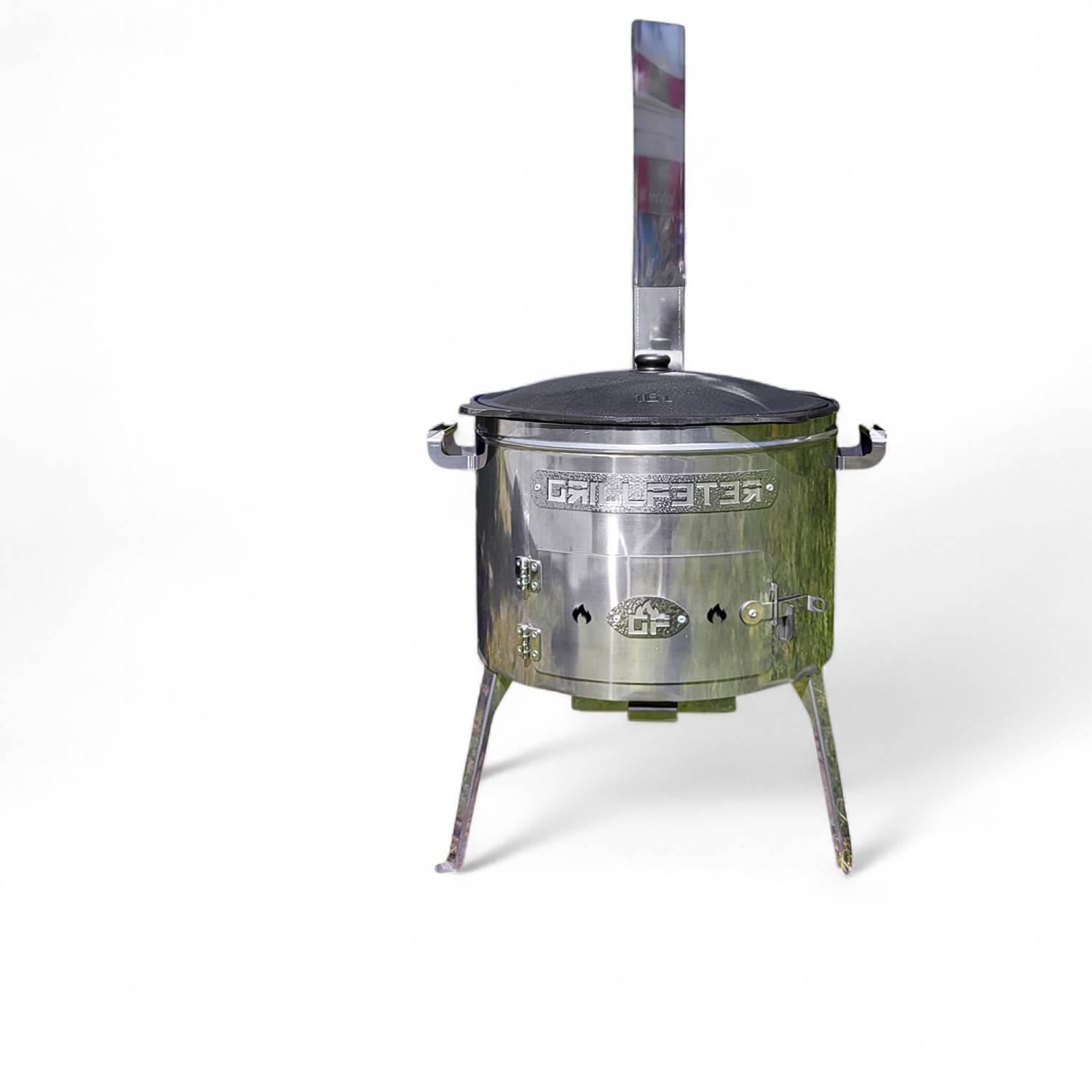 Utschak aus Edelstahl 2mm mit Rauchrohr Timur mit Kazan aus Gusseisen 16L