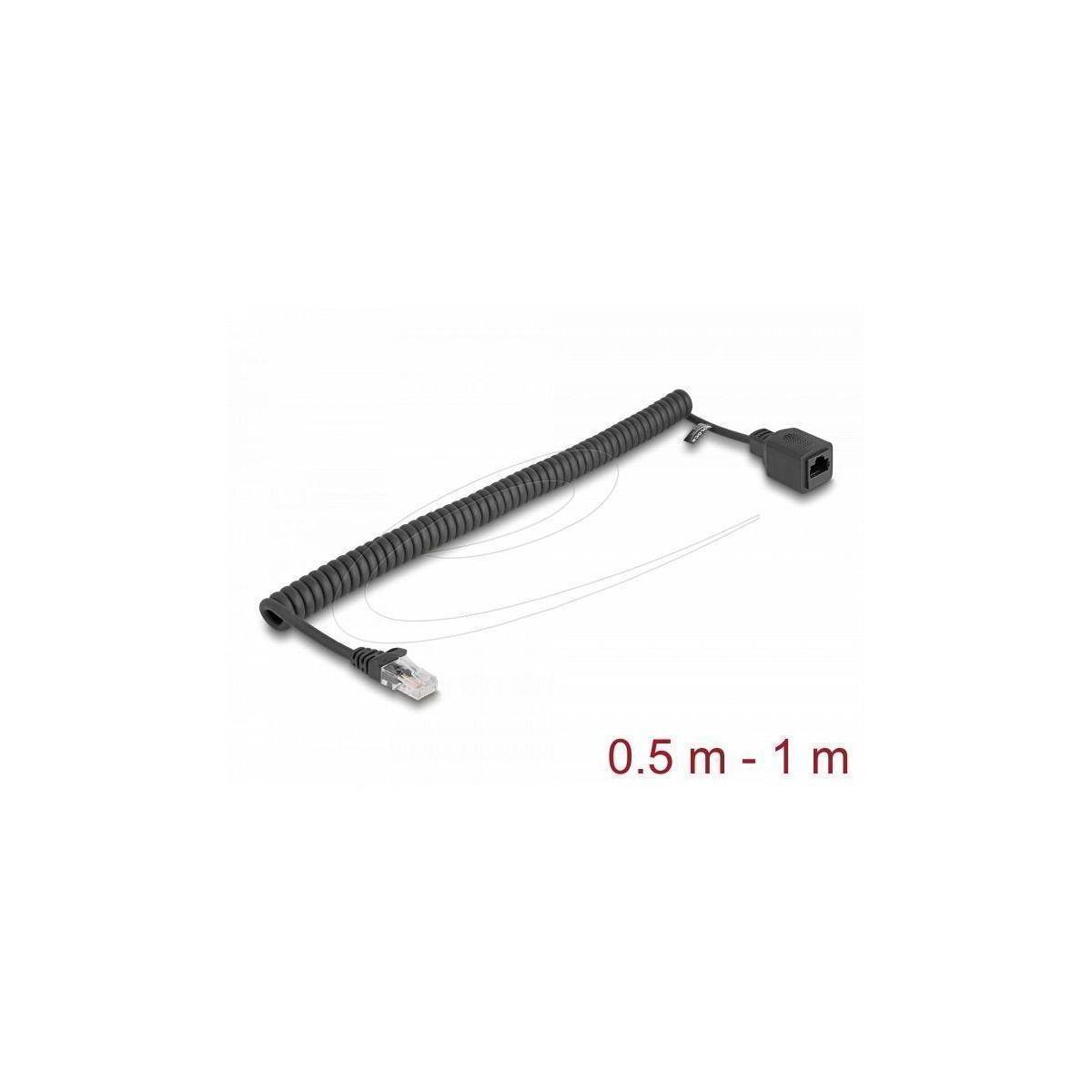 Spiralförmiges USB-Verlängerungskabel, schwarz, einstellbar von 0,5 m bis 1 m, mit Stecker-zu-Buchse-Anschlüssen.