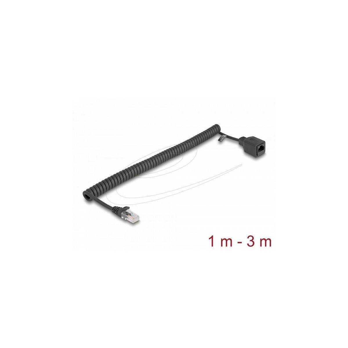 Spiralförmiges USB-Kabel, Länge 1 bis 3 Meter, mit einem USB-A-Anschluss und einem USB-Anschluss-Adapter.